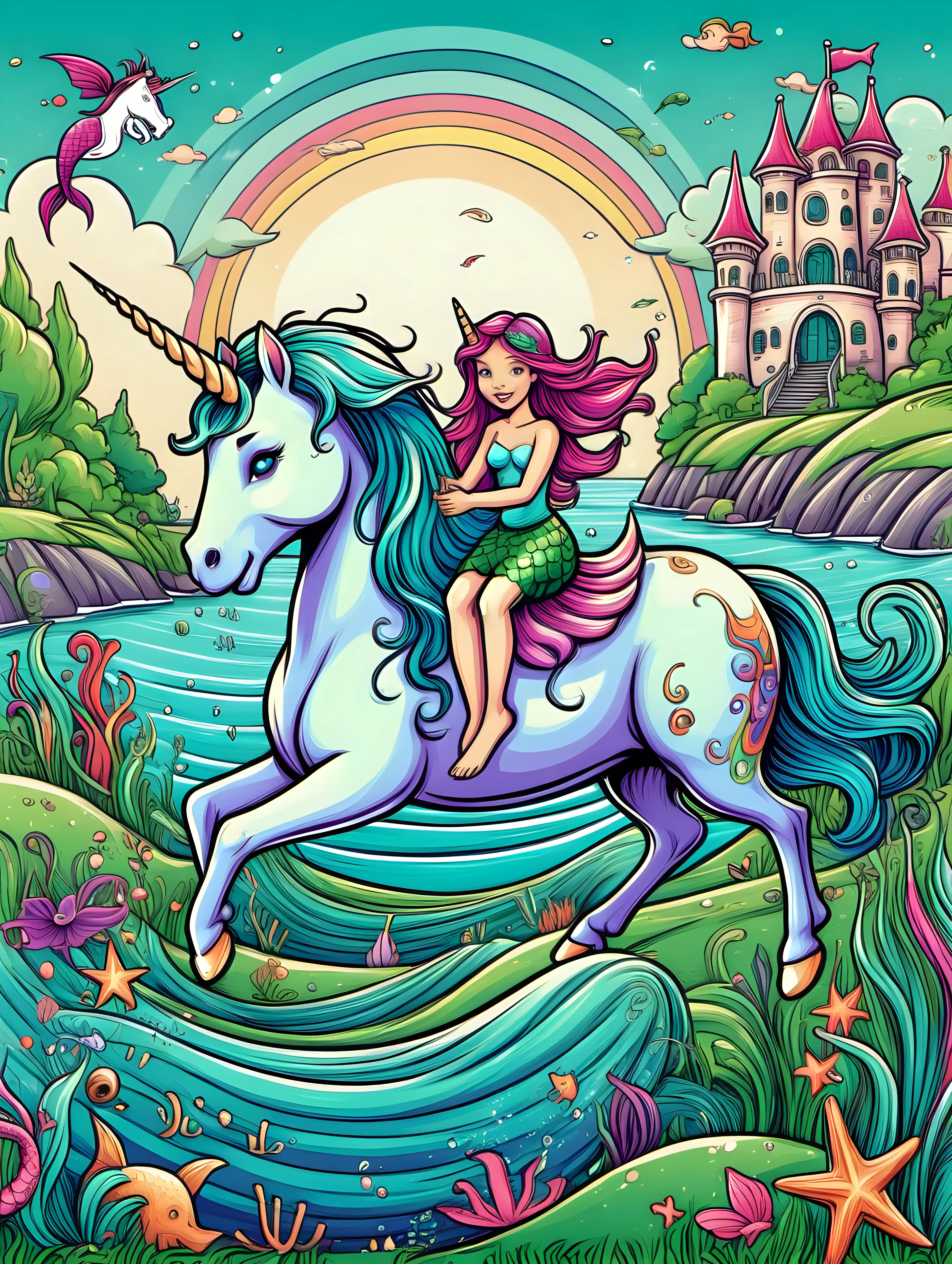 /imagine kids illustration, fairy riding a unicorn on grass next to the ocean with a mermaid in the ocean, cartoon style, thick lines, low detail, vivid color - - ar 85:110