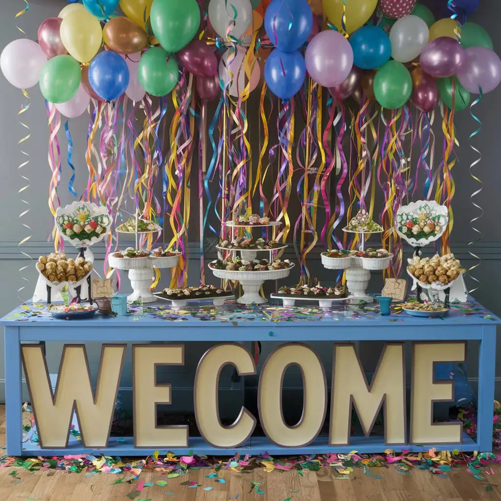 Welcome table, party theme, no person, balloons