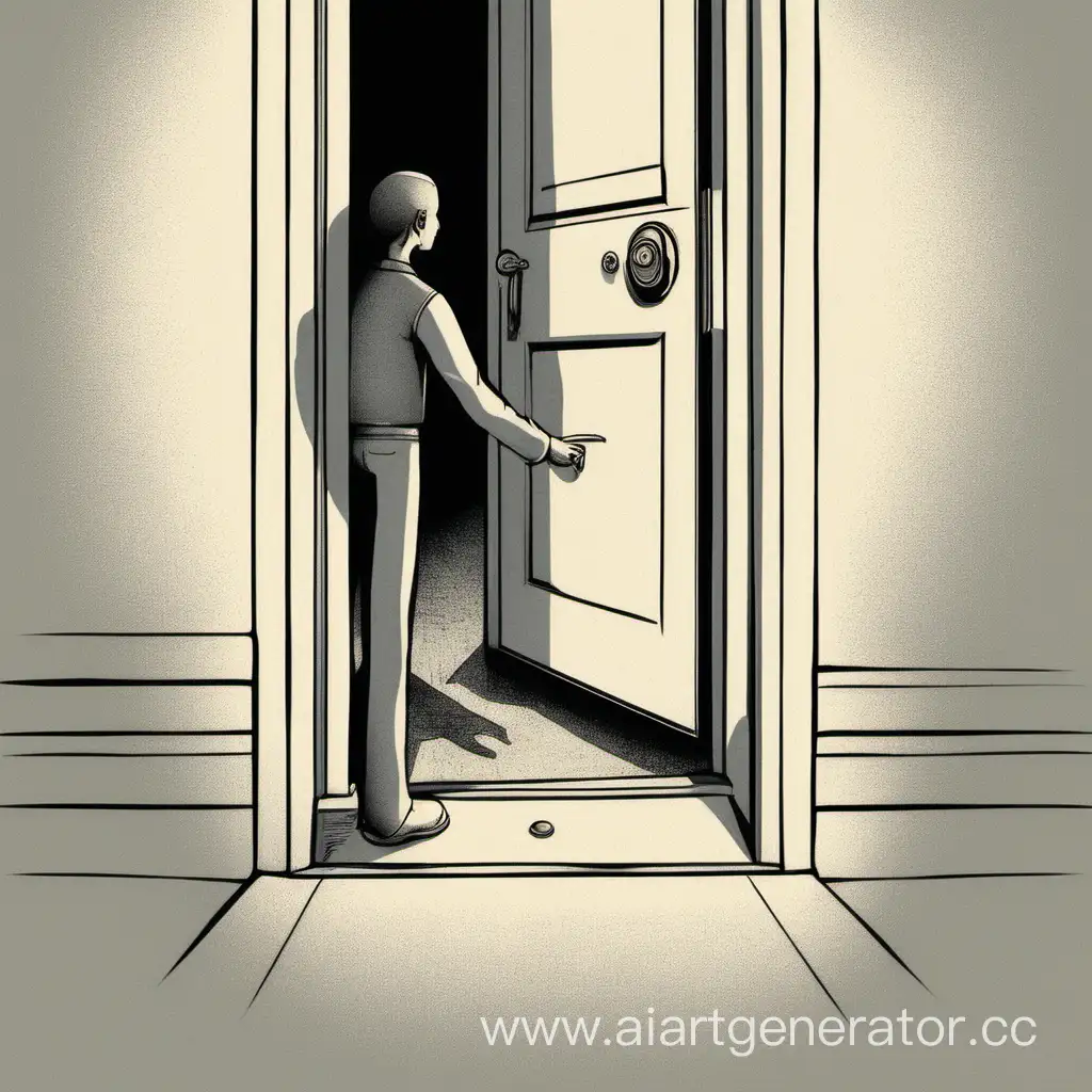 человек открывает дверь правой рукой вперед от себя ноги стоят ровно а вторая рука нажимает на звонок слева