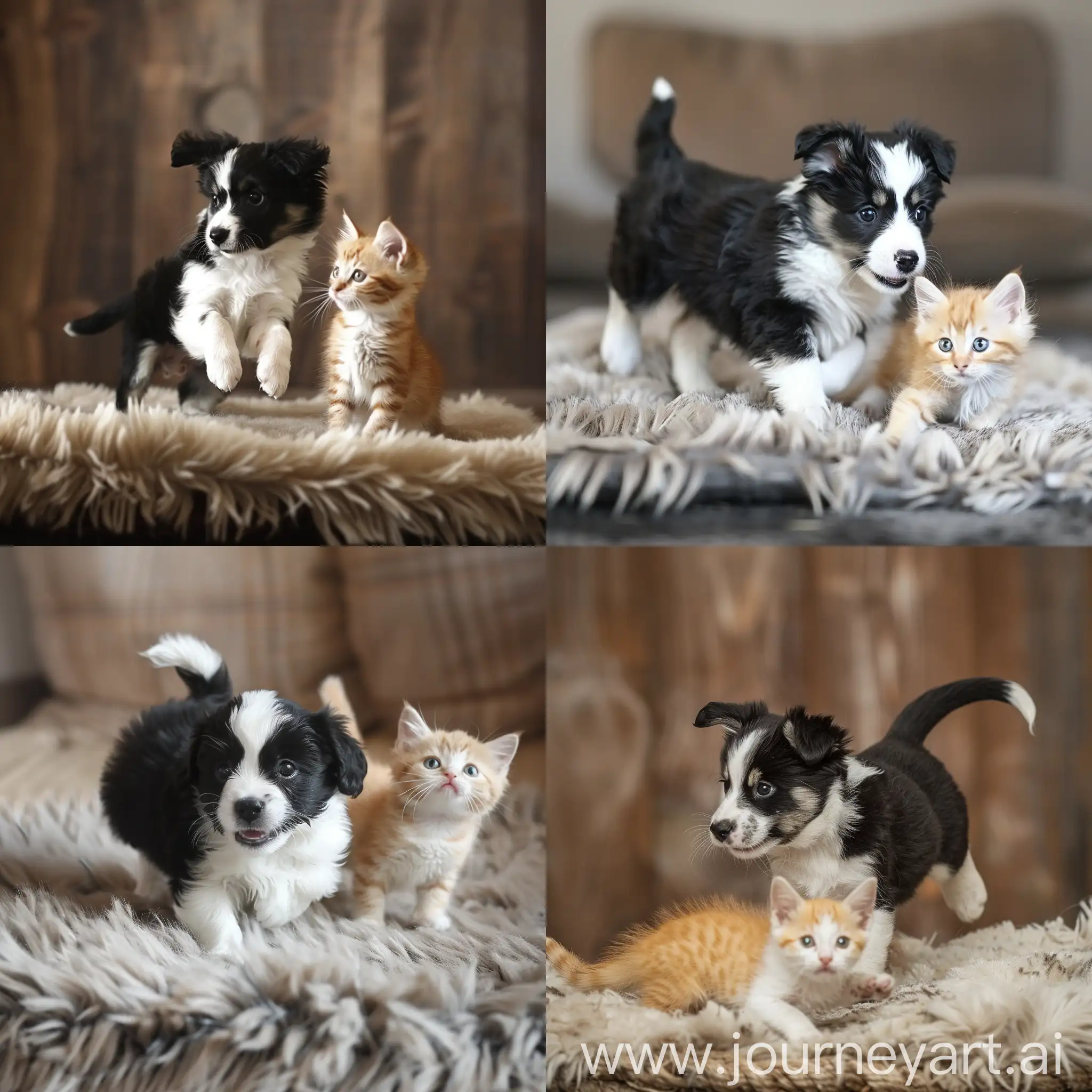 Playful-BlackandWhite-Puppy-and-YellowandWhite-Kitten-on-Furry-Mat