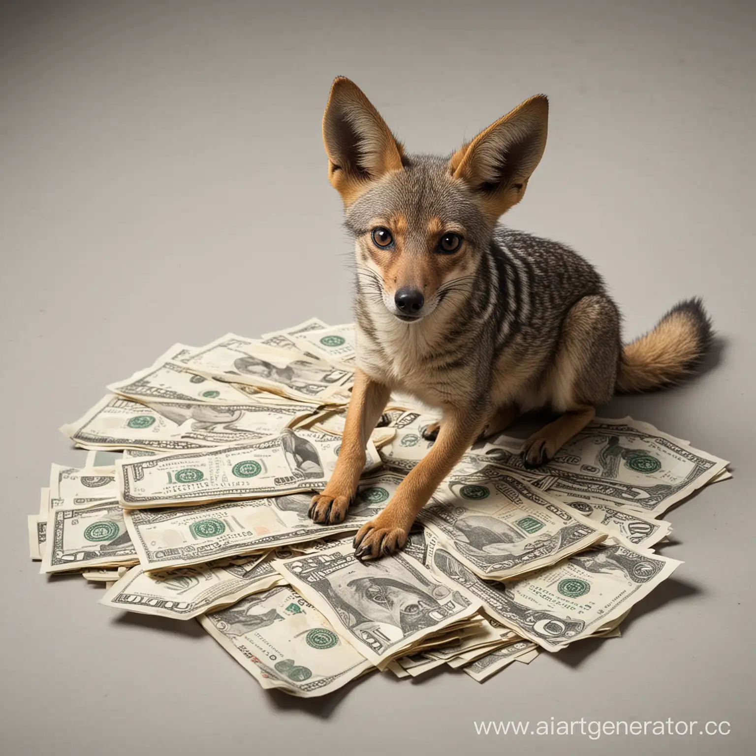 Wild-Jackal-with-a-Pile-of-Currency-in-Arid-Desert-Landscape