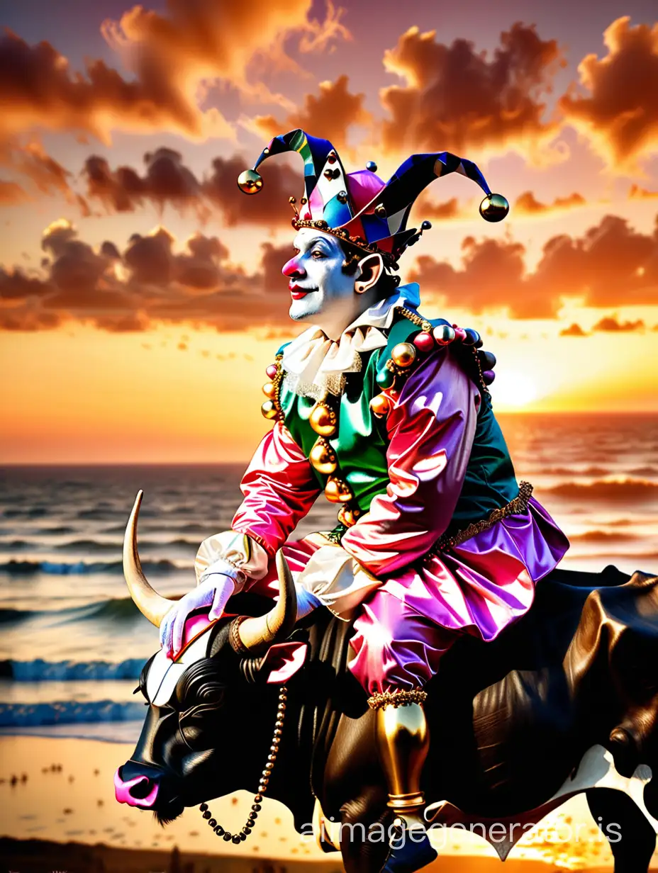 Harlequin-King-Riding-Bull-with-Fairy-Companions-at-Sunset-by-the-Sea