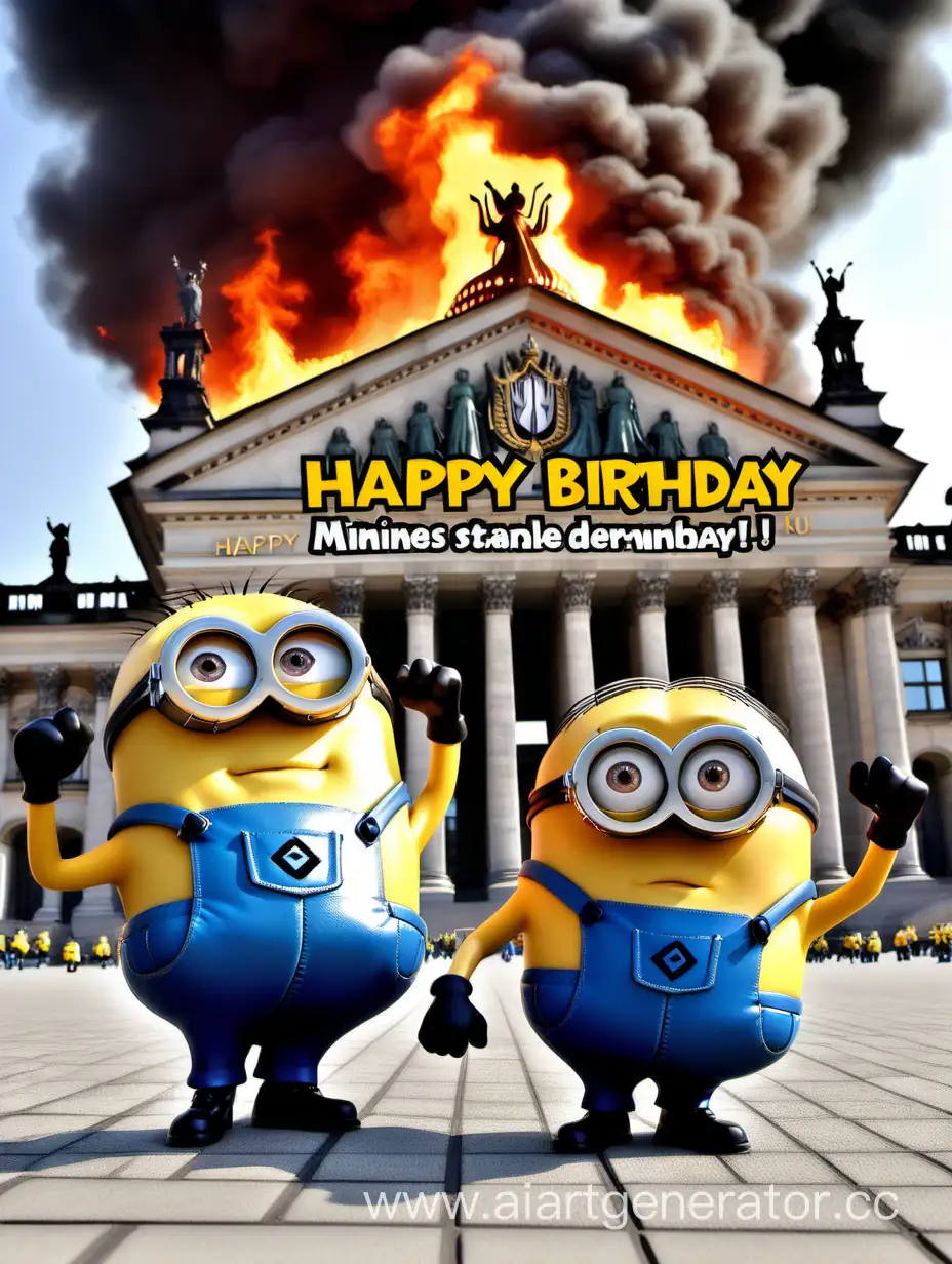 сгенерируй открытку на день рождения другу из германии. на картинке должны быть перекаченные миньоны из мультфильма "гадкий я" которые стоят на фоне горящего Бундестага. и сверху надпись "Happy Birthday"