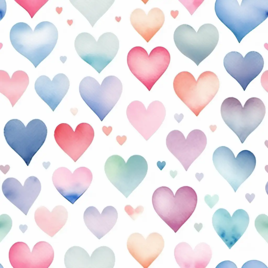 Soft Pastel Watercolored Hearts on White Background