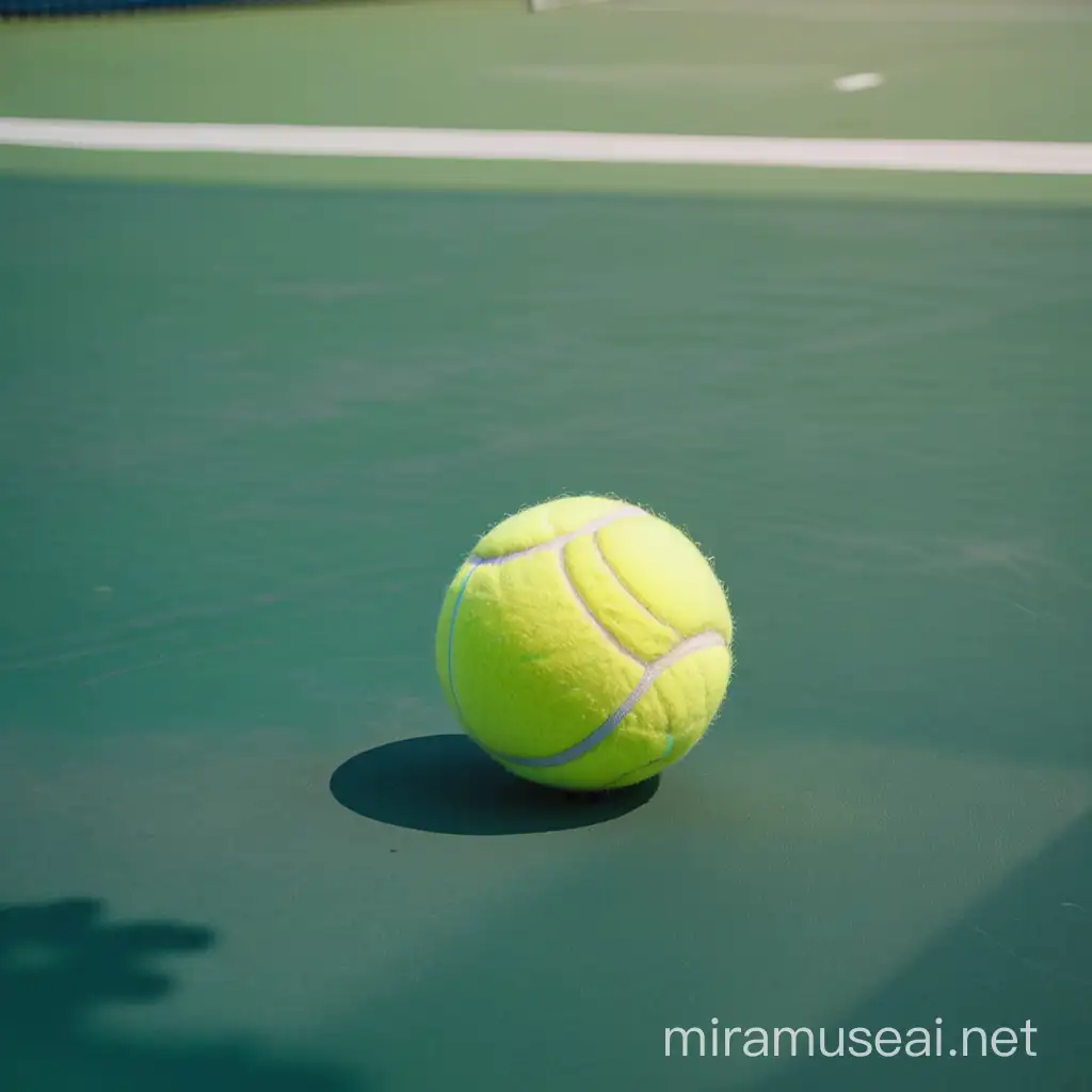Теннисный мяч лежит на тенисном корте.  рядом сним теннисная ракетка. 