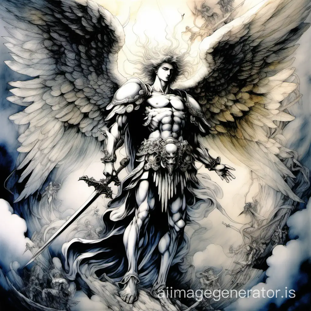 Imagine an archangel Michael in the style of Yoshitaka Amano. Masterpiece, best quality, high contrast, colorful, stark, dramatic, detailed background, high quality, by Yoshitaka Amano,