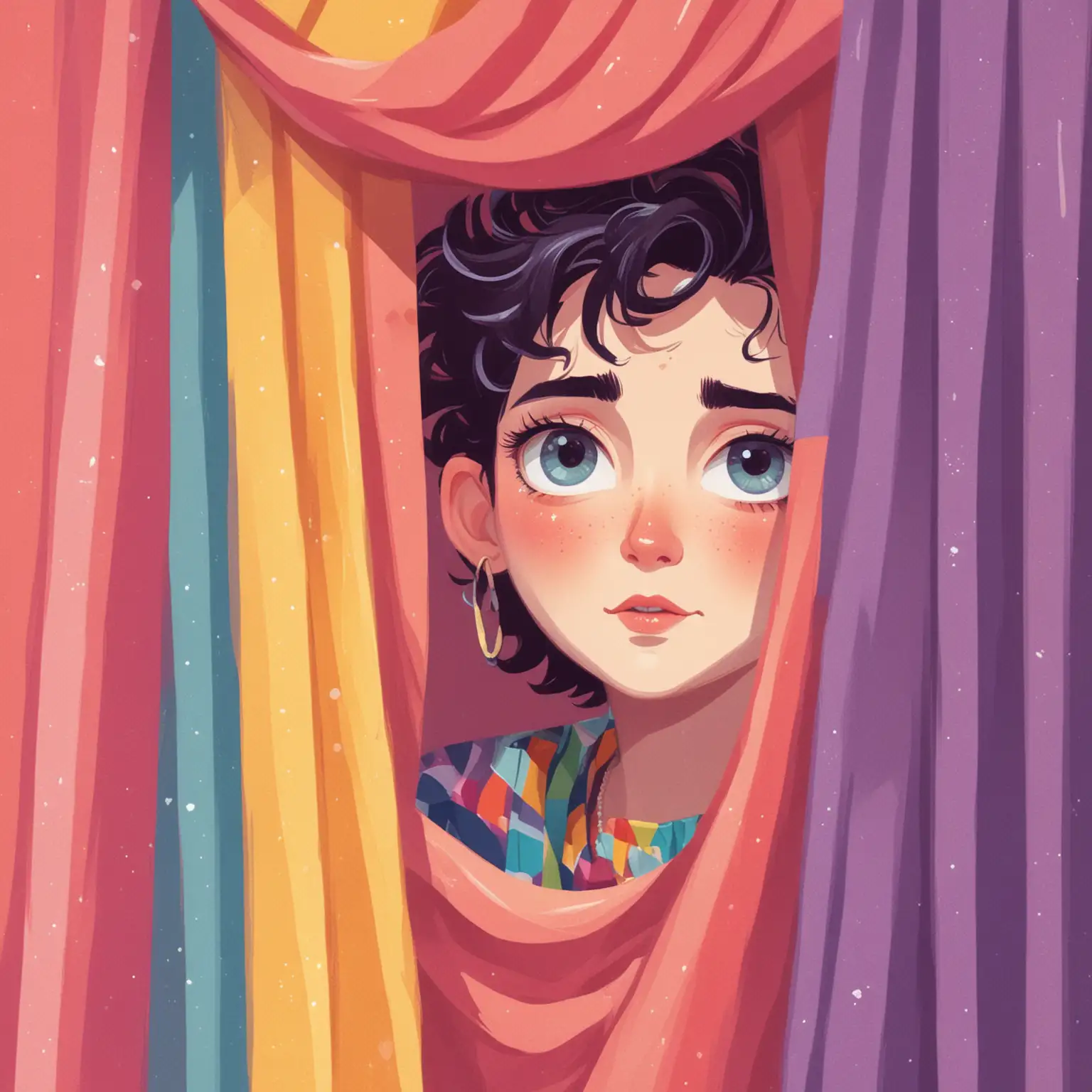 Flat illustration style. Bright colors. A whimsical non-binary character peeking from behind a curtain at a bustling, colorful fair of creativity, with non-binary artists, musicians, and writers all sharing and enjoying each other's work. The character has a curious but hesitant expression.