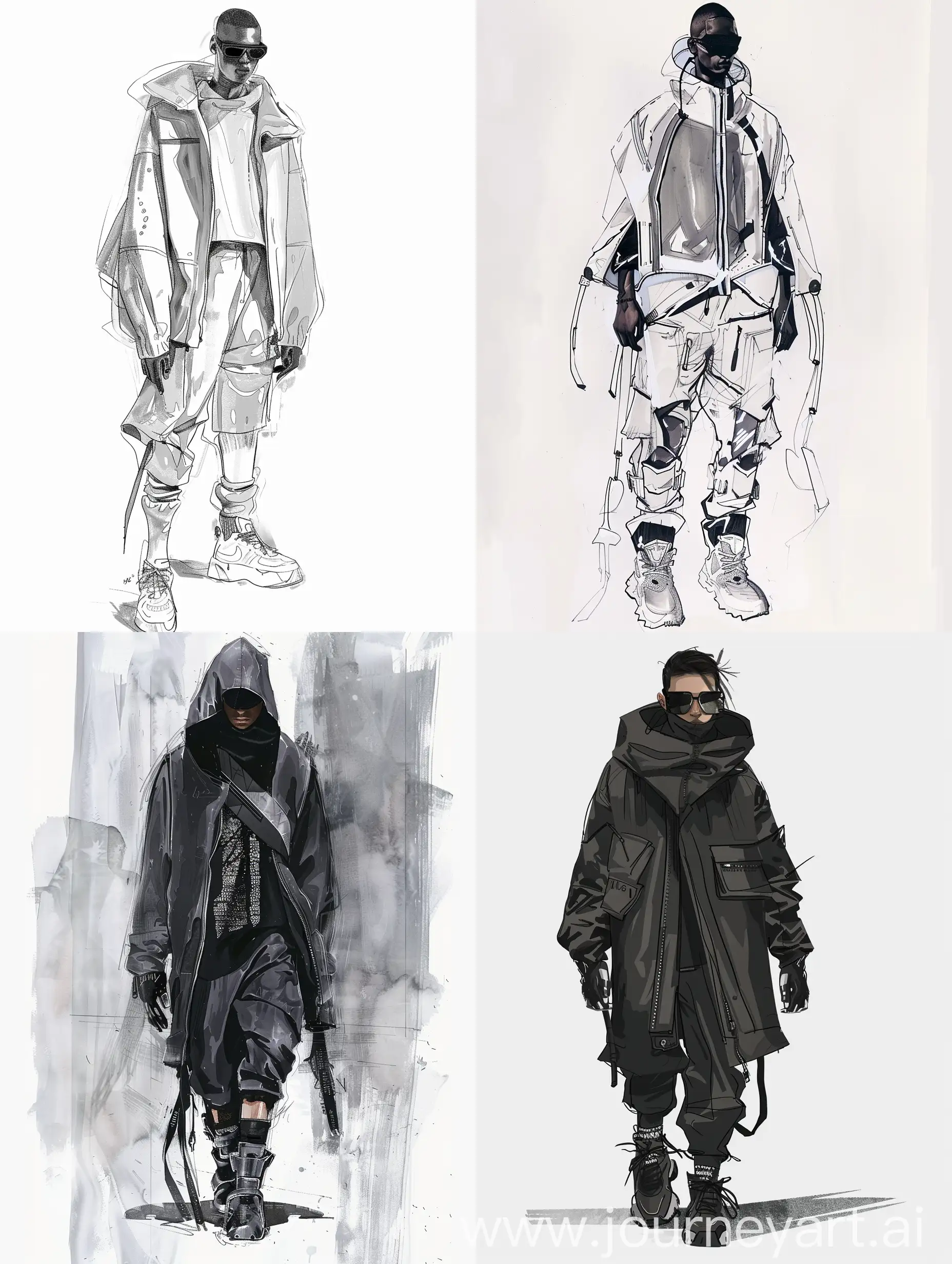 futuristic male streetwear utopic fashion runway sketches minimalist illustration