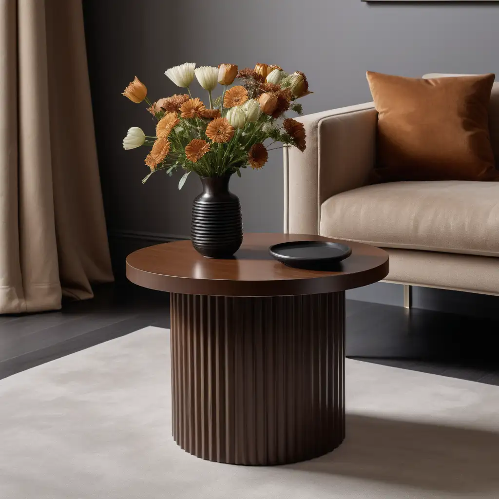 A product photography picture of a brown circle side table with a round fluted base and flat table top in the centre of a contemporary living room with a vase of flowers on top of it.