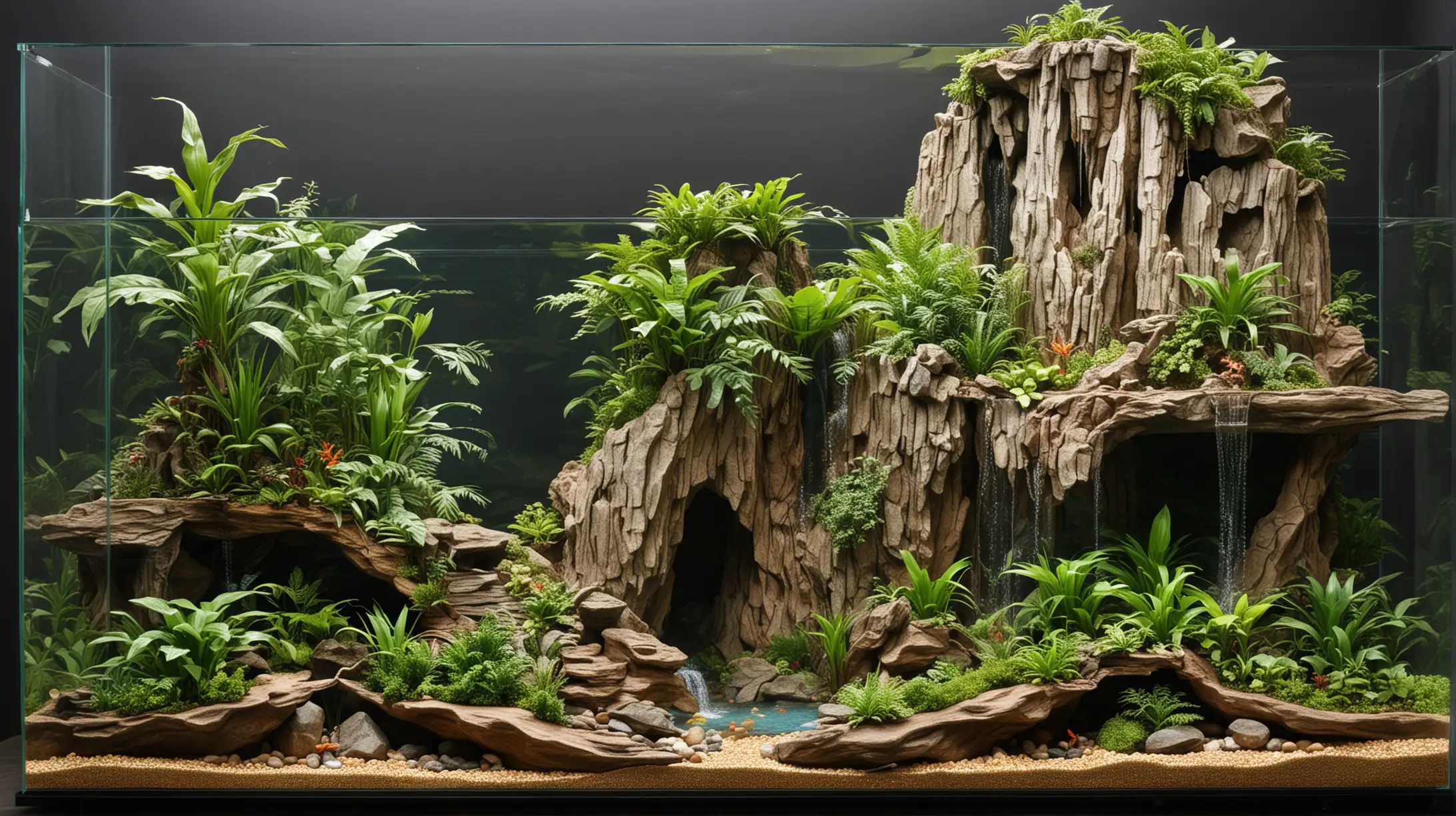 A 130cm-by-40-cm-by-70-cm tropical paludarium with a high cliff waterfall, lake-side area and a multi-leveled layout carved-in cliff mountain retreat hide.