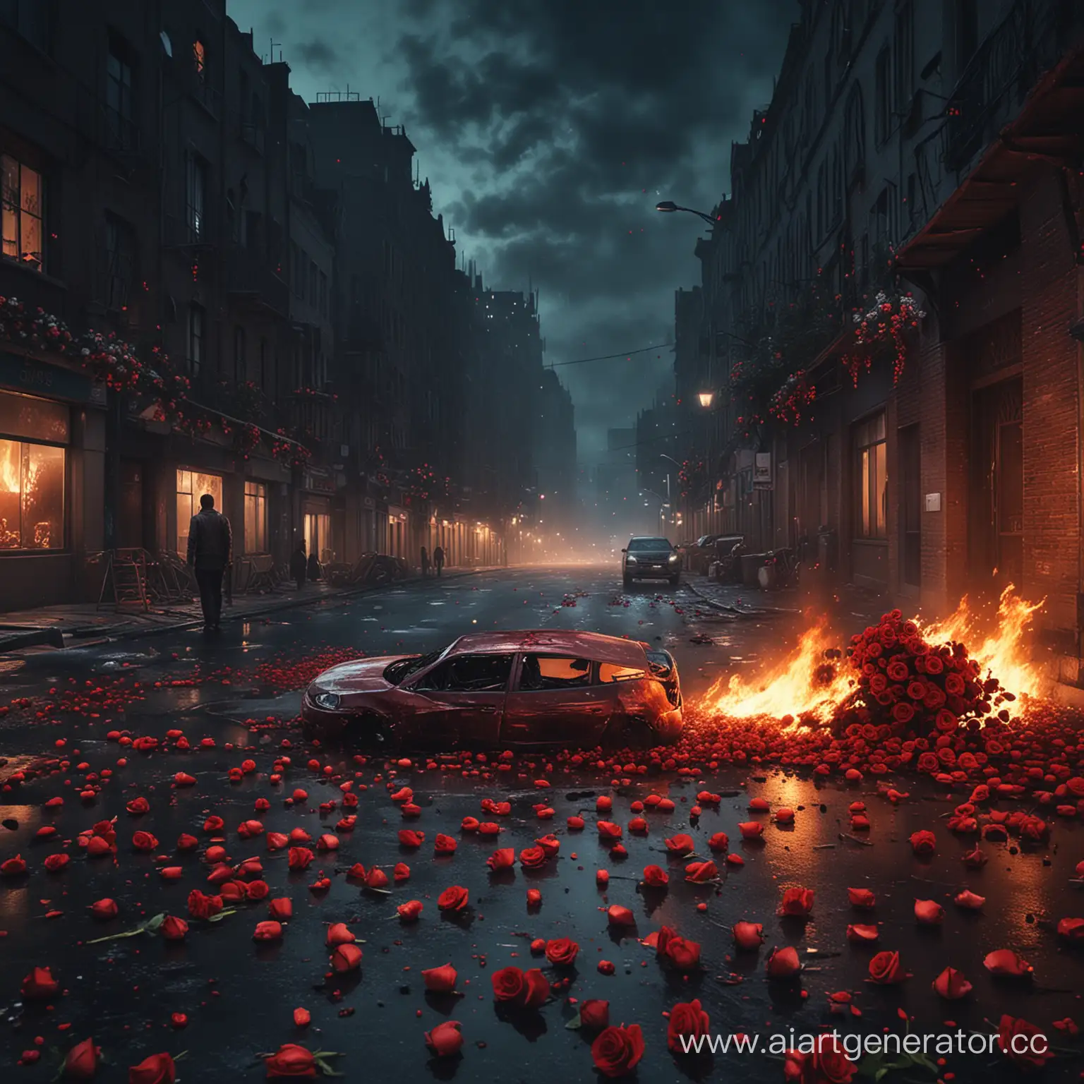Urban-Night-Scene-Fire-Accident-Amidst-Roses-and-Blood