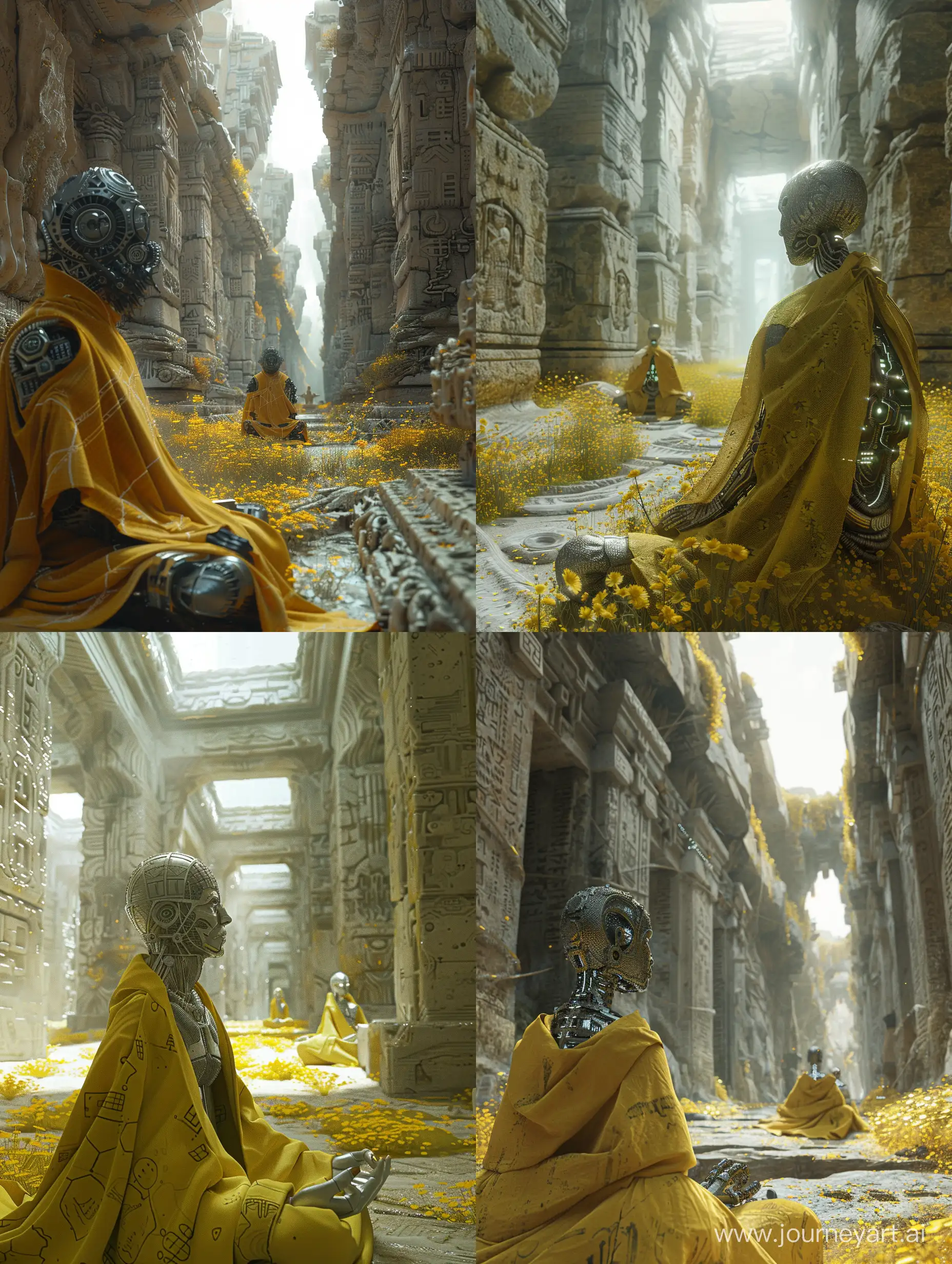  machines, machine parts, machine monks, A scene of two machine monks meditating in an ancient stone corridor overgrown with golden flowers,. The foreground monk has intricate details visible on its body under the yellow cloak. The background monk sits further away, adding depth and mystery. The stone walls are carved with elaborate structures, suggesting a long-forgotten temple. Soft light filters through the openings above, creating a serene yet eerie atmosphere, cyberpunk