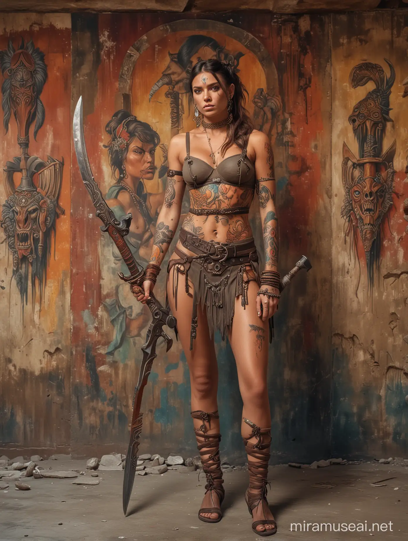 A Barbarian woman has Tattoo, holding weapon in Hall. there is wall paintings in Old art exhibition Gallery. surreal,  Attractive strong colors, a Cinematic, Stunningly detailed, Oil Painting technique. with Weird Creatures. in ruins. surreal