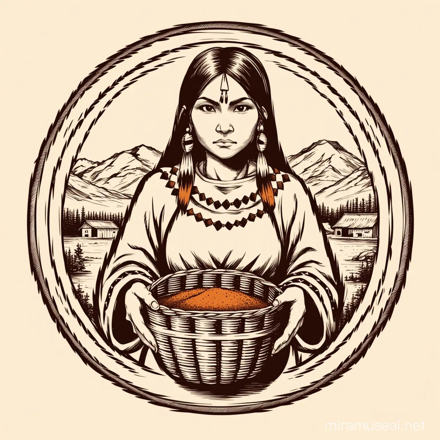 a logo for a native american  spice making factory called image of native indian holding a basket of spice. Pencil drawn style