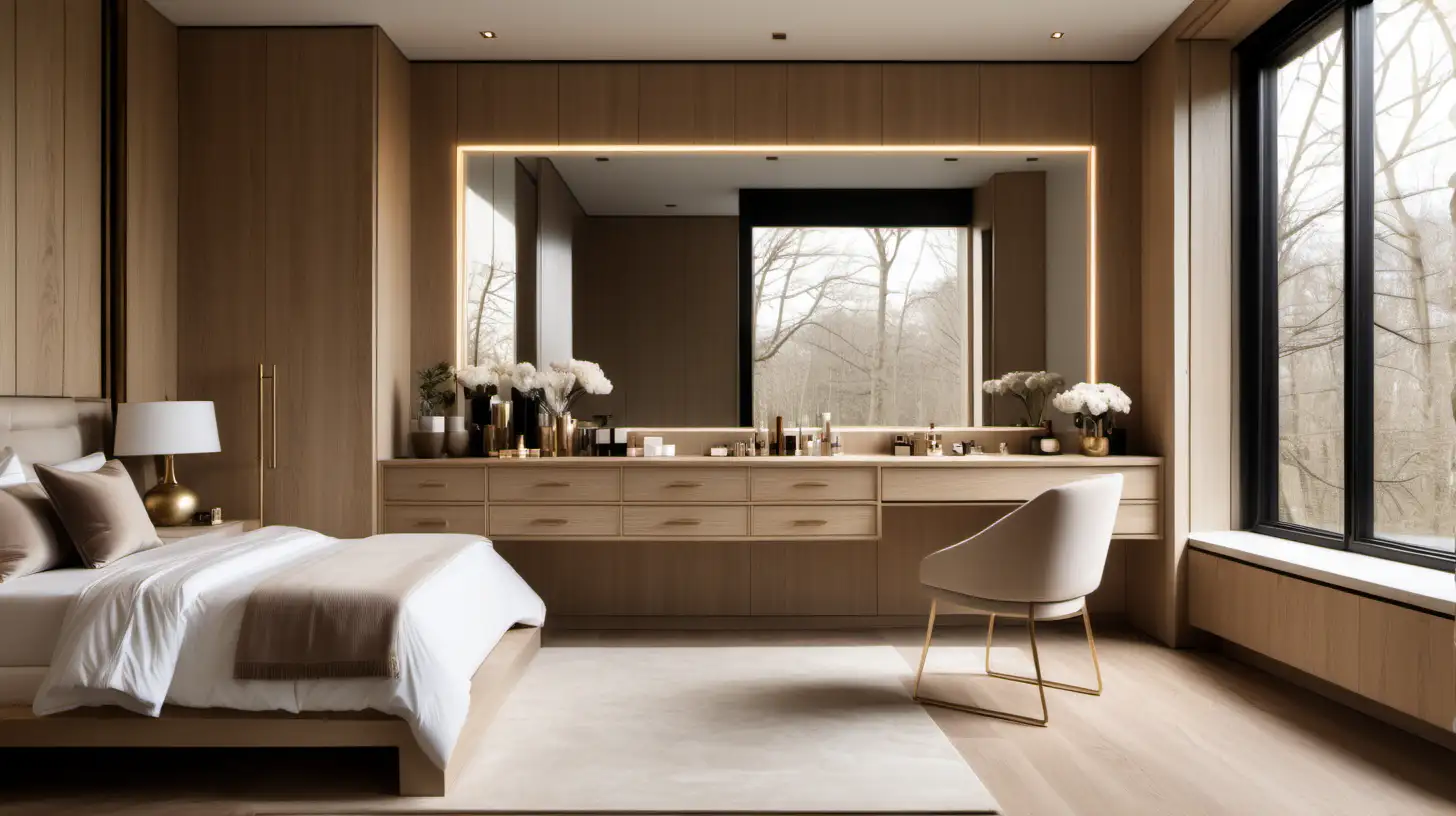 Grand minimalist home Master bedroom; built-in vanity beauty table and mirror; beige; oak; brass colour palette; oak flooring; floor to ceiling windows

