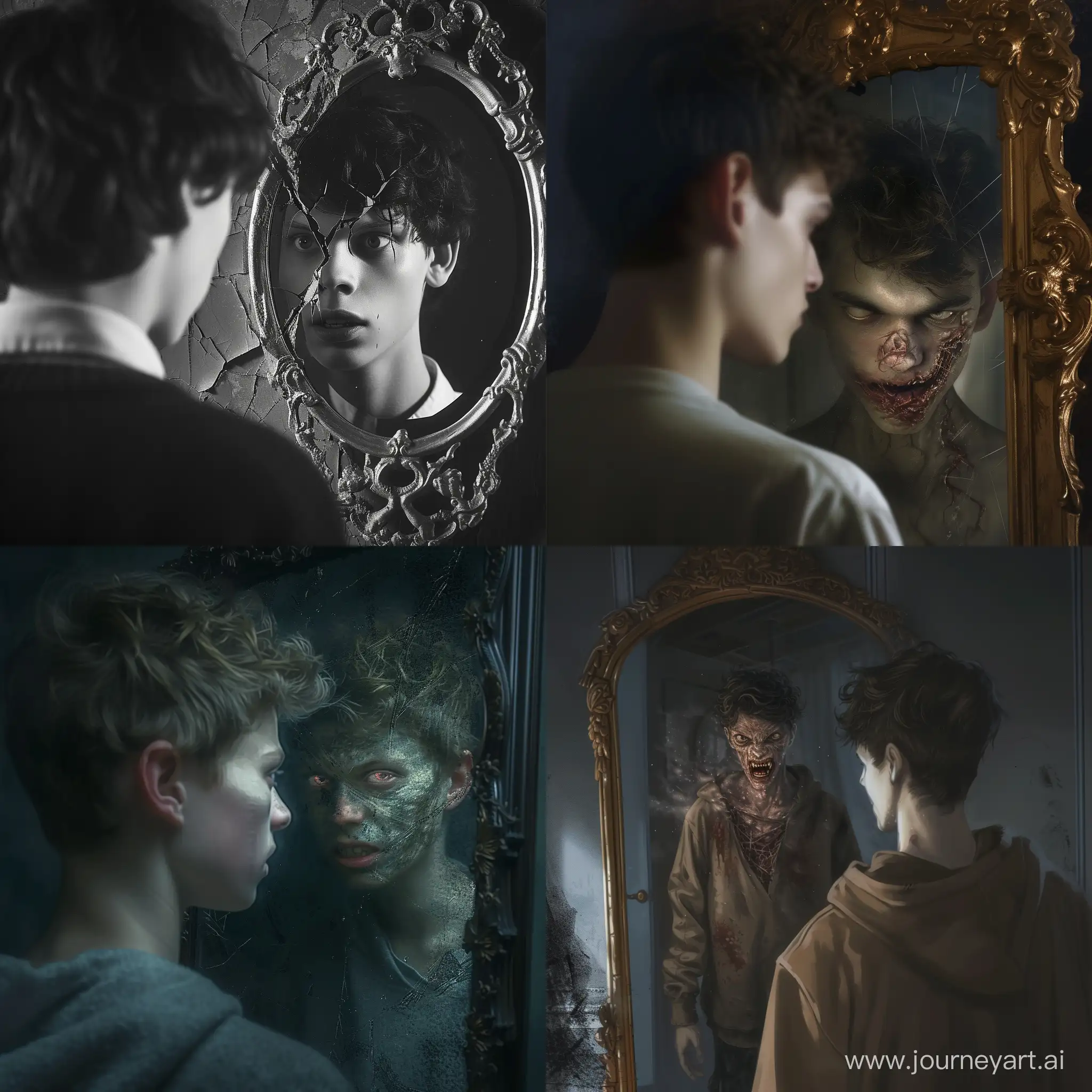 A young man looks into the mirror and sees his reflection in the form of an evil monster.
