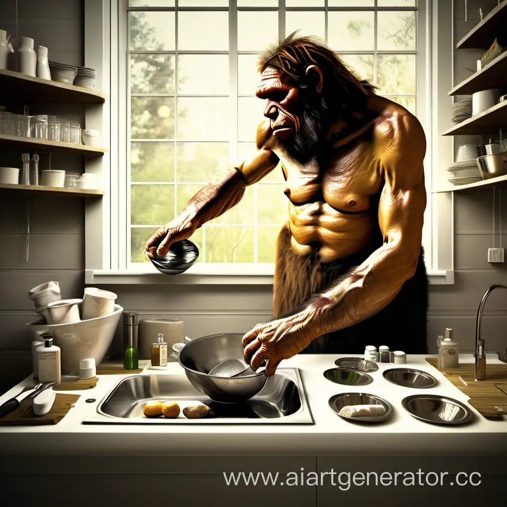 неандерталец моет посуду