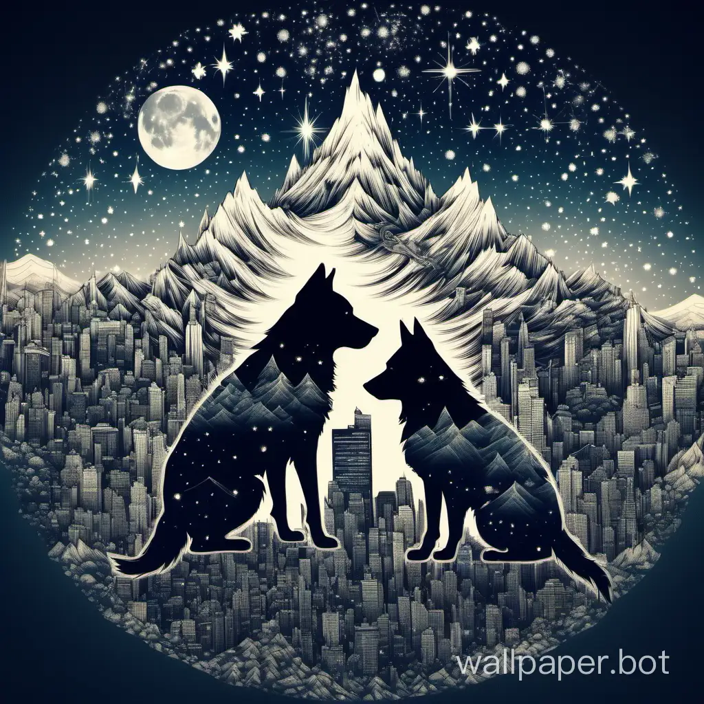 Double exposure, dual exposure!! Front view :: The beautiful cities and mountains and stars forming a SILHOUETTE dog and Wolf and cat!! Intricate, hyperdetailed, maximalist
