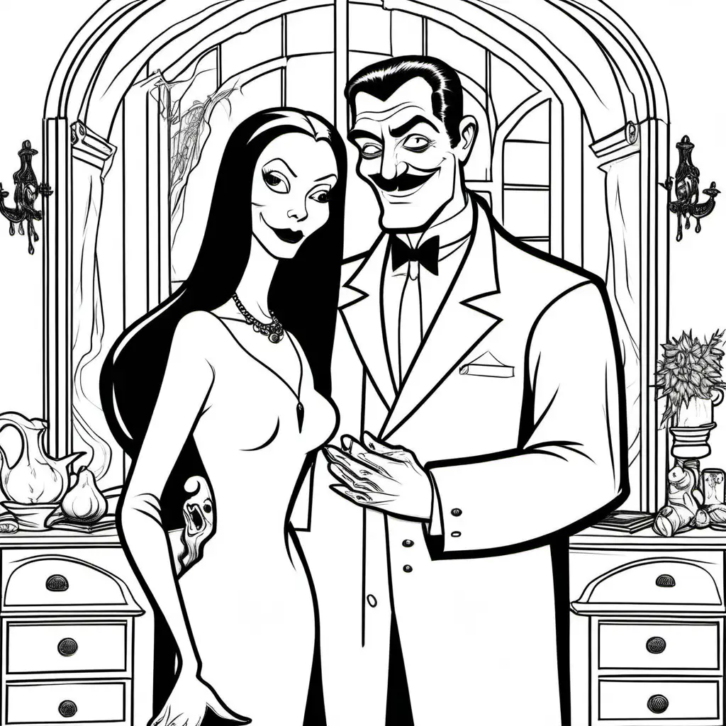 simple black and white color book image of Morticia and Gomez both dressed in white at home from 'Addams Family' for coloring