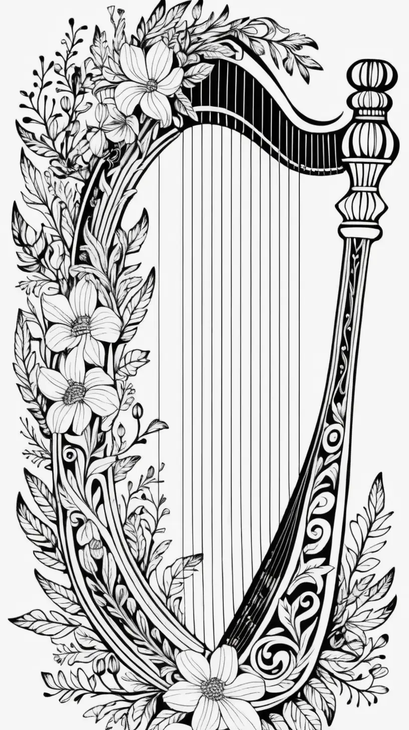 Artistic Lyre with Floral Wreath in Black and White Coloring Book Style