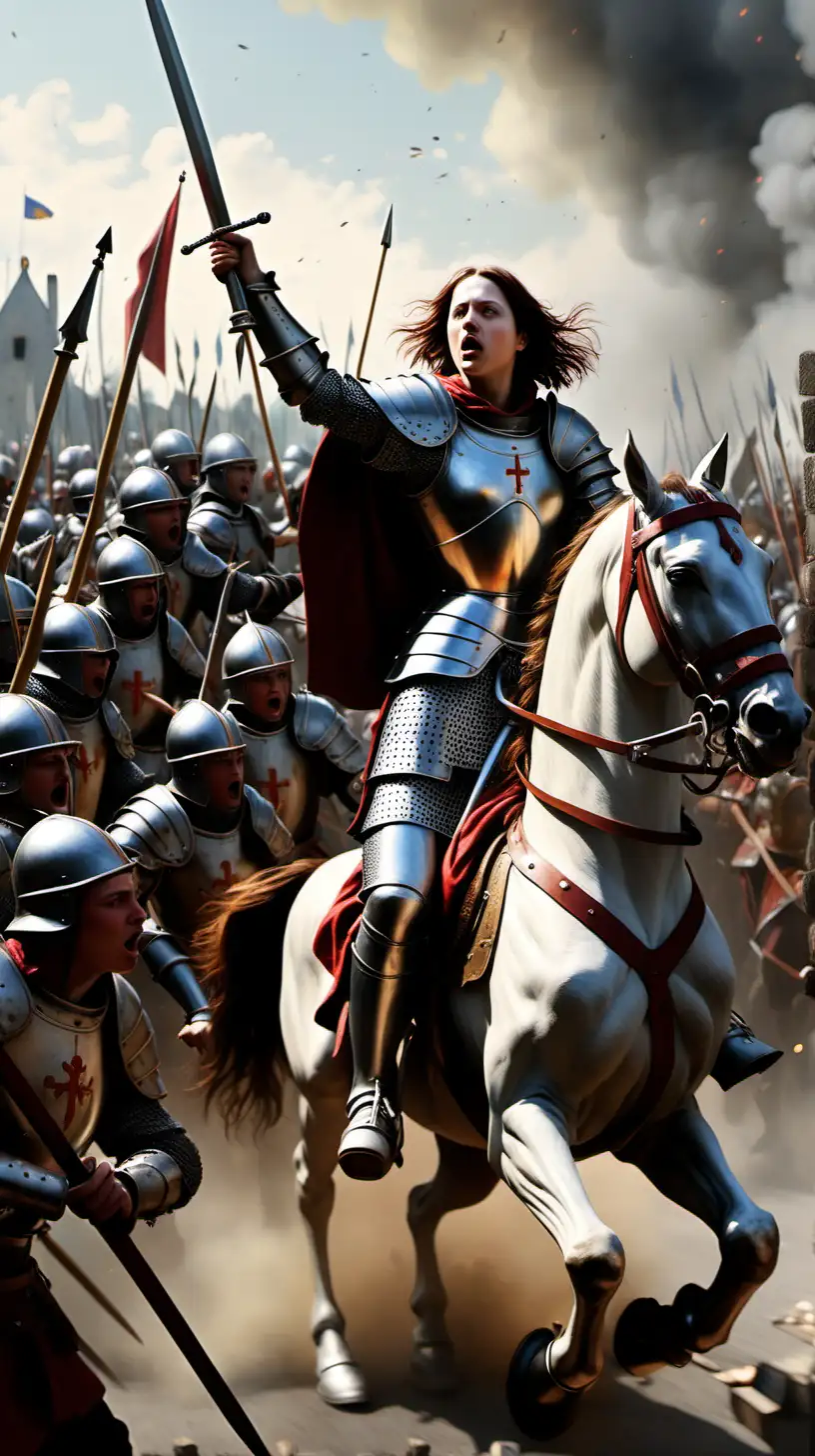 Create an intense, dynamic artwork depicting Joan of Arc leading her troops into the Siege of Orléans. hyper realistic