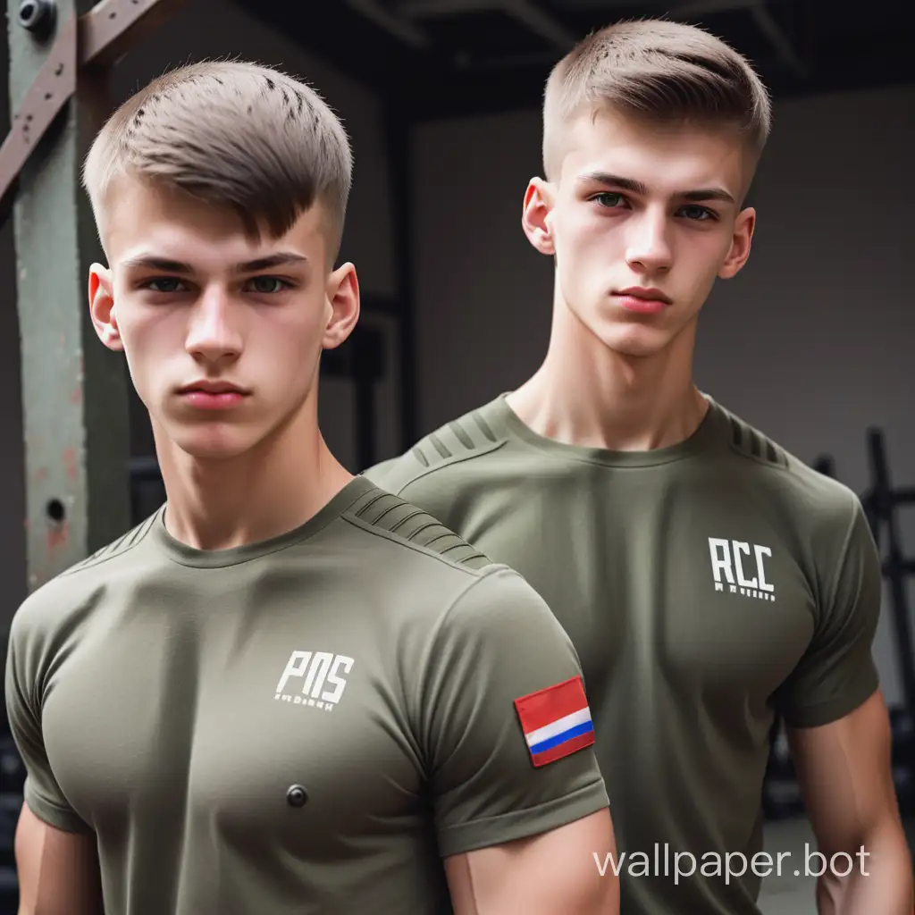 18 years old, two young handsome guys, athletic build, tall, Russian, short haircut, combat shirt,