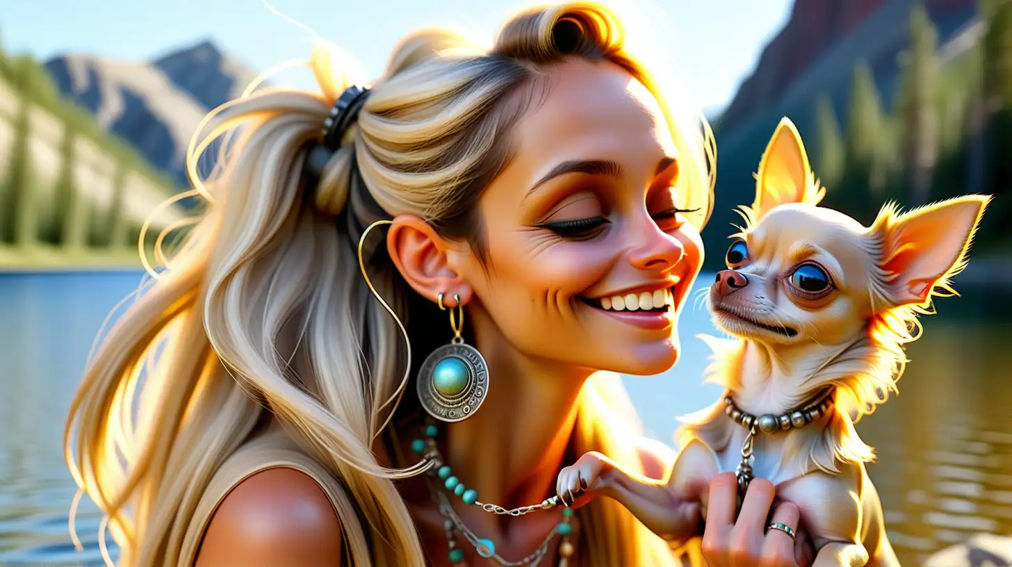 Smiling, 30s, fit, long haired, blue-eyed Norwegian boho jewelry model
Kissing her tiny wire-haired 5lb tan colored chihuahua
In the golden sunshine 
At a remote mountain lake
On a hot summer day