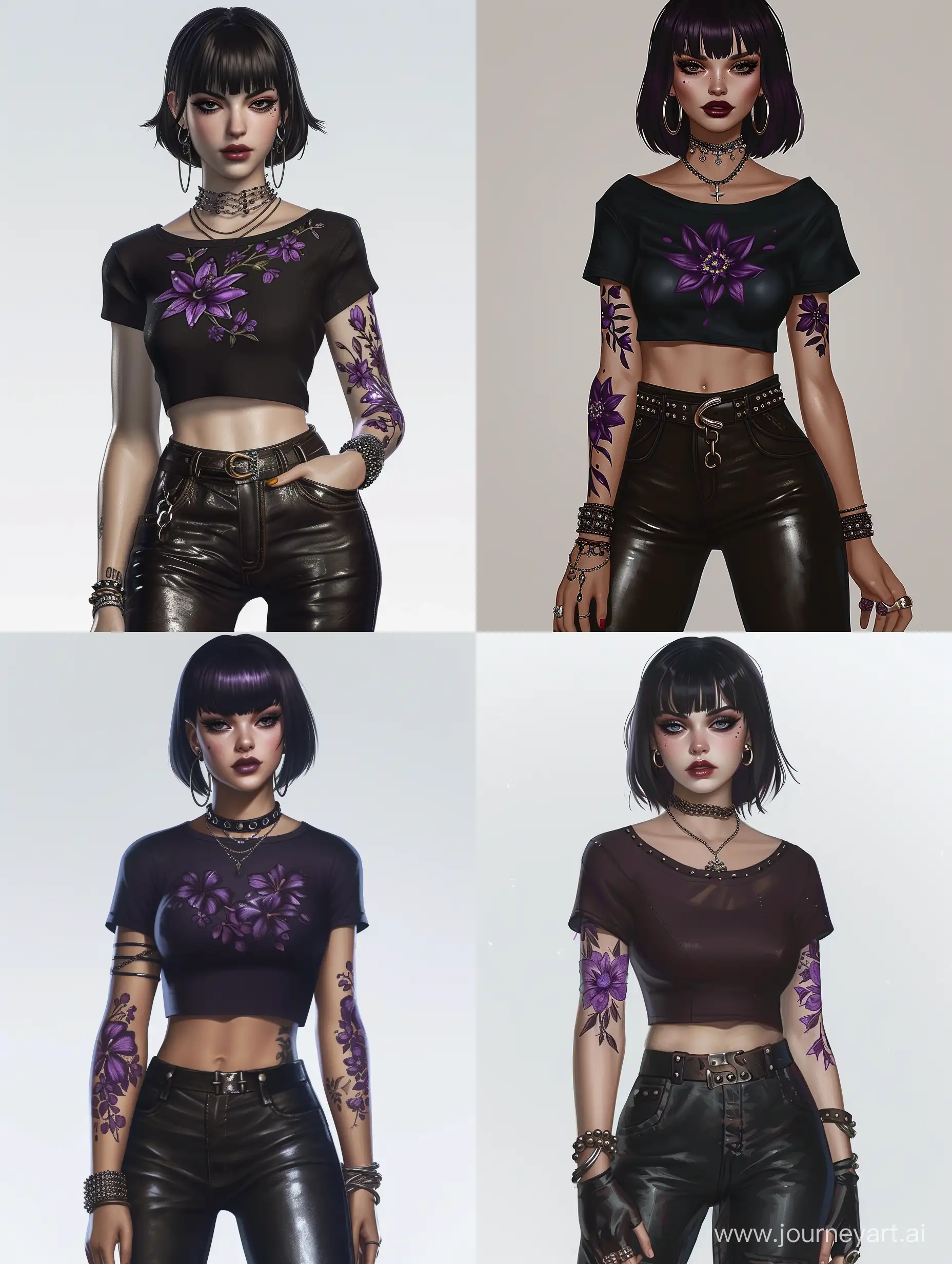 a tall woman with long eyelashes and short black hair with bangs. She wears a dark short-sleeved top and dark leather pants. She also wears a studded necklace, hoop earrings and has purple flower tattoos on her arms.