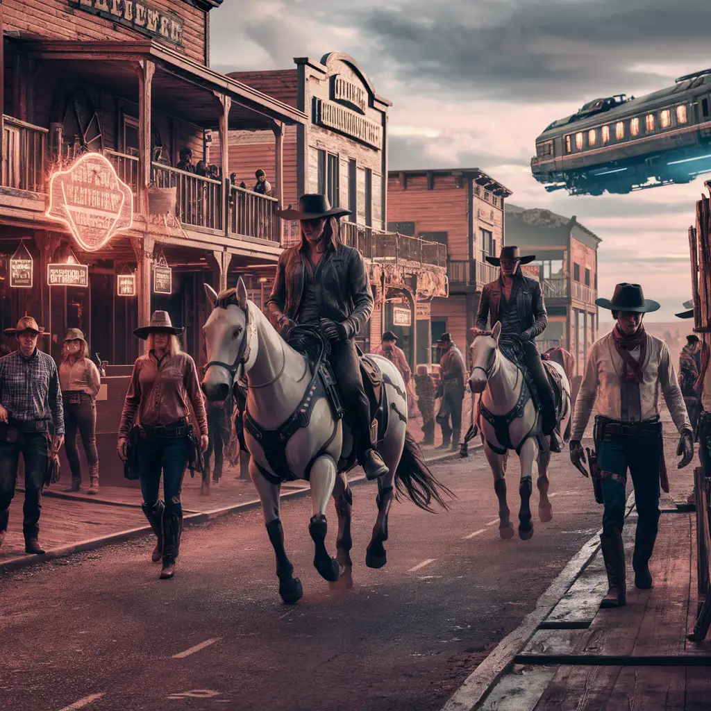 A wild west town with a sci-fi twist, featuring robot horses and laser guns.
