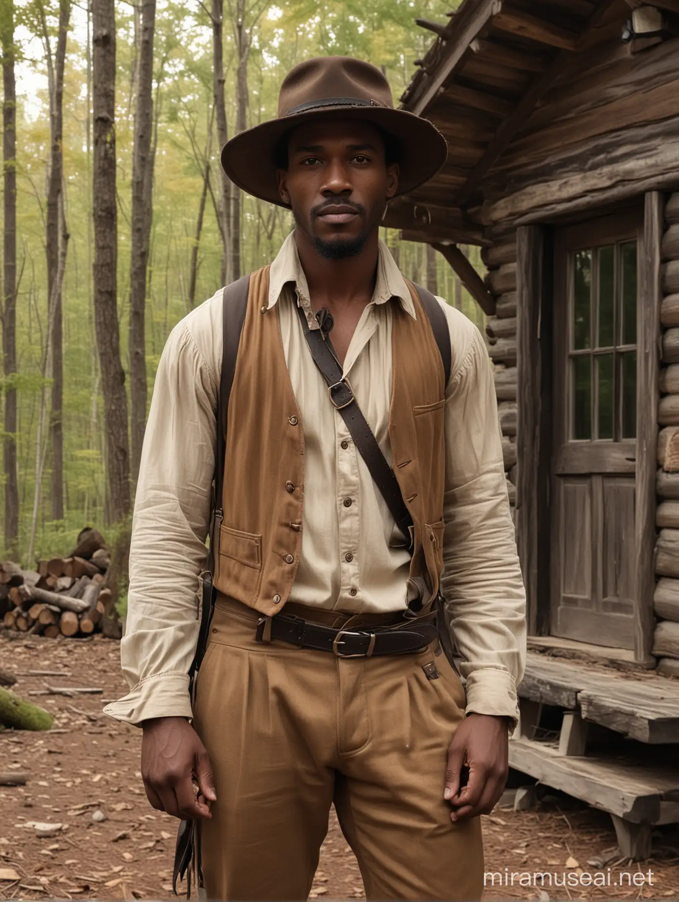 the beautiful handsome 1800s carribean man wears trapper clothes in a Canadian forest in front of a cabin,in the style of light brown and dark black, Canadian 1700s influences, fashwave, candid celebrity shots, uhd image, body extensions, natural beauty --ar 69:128 --s 750 --v 5. 2