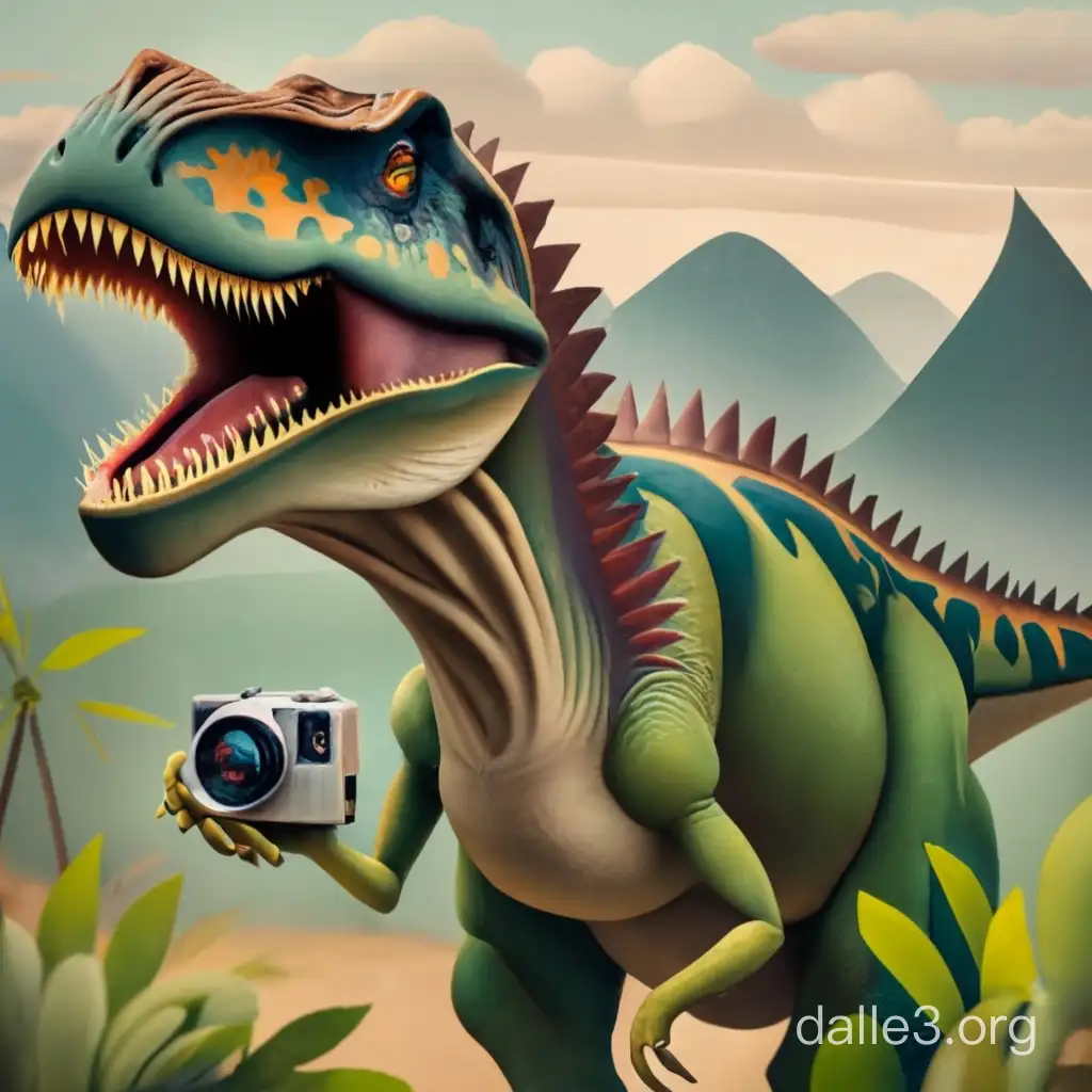 dinosaur taking a photograph with a Canon camera