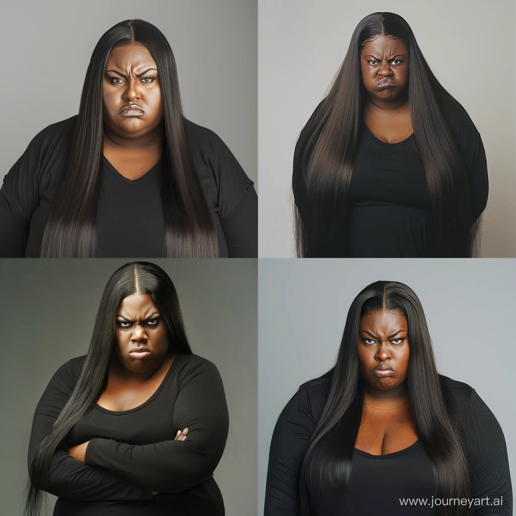 obese black woman, long straight hair, angry