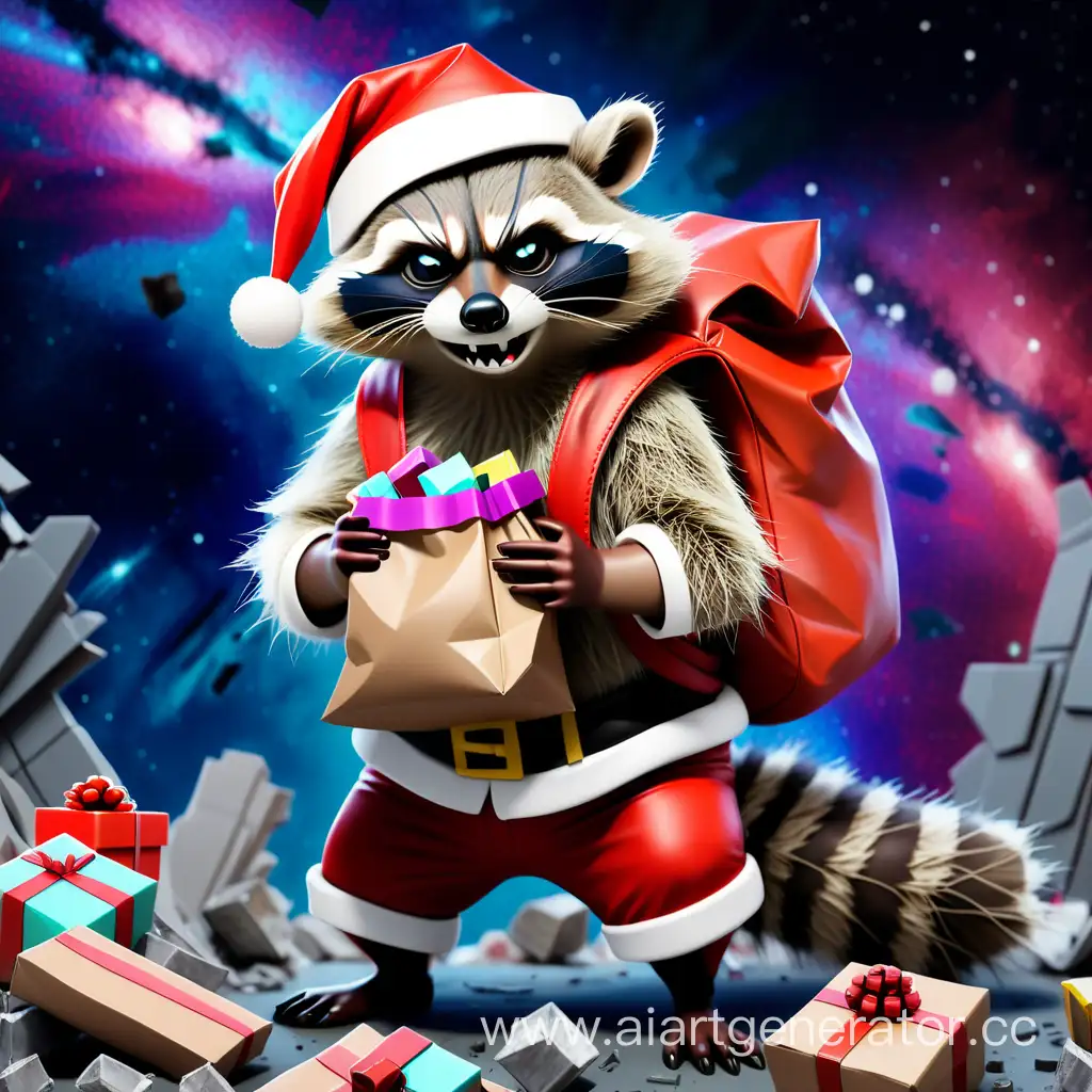 angry, tired raccoon Santa Claus with a bag of gifts, against the background of a destroyed galaxy