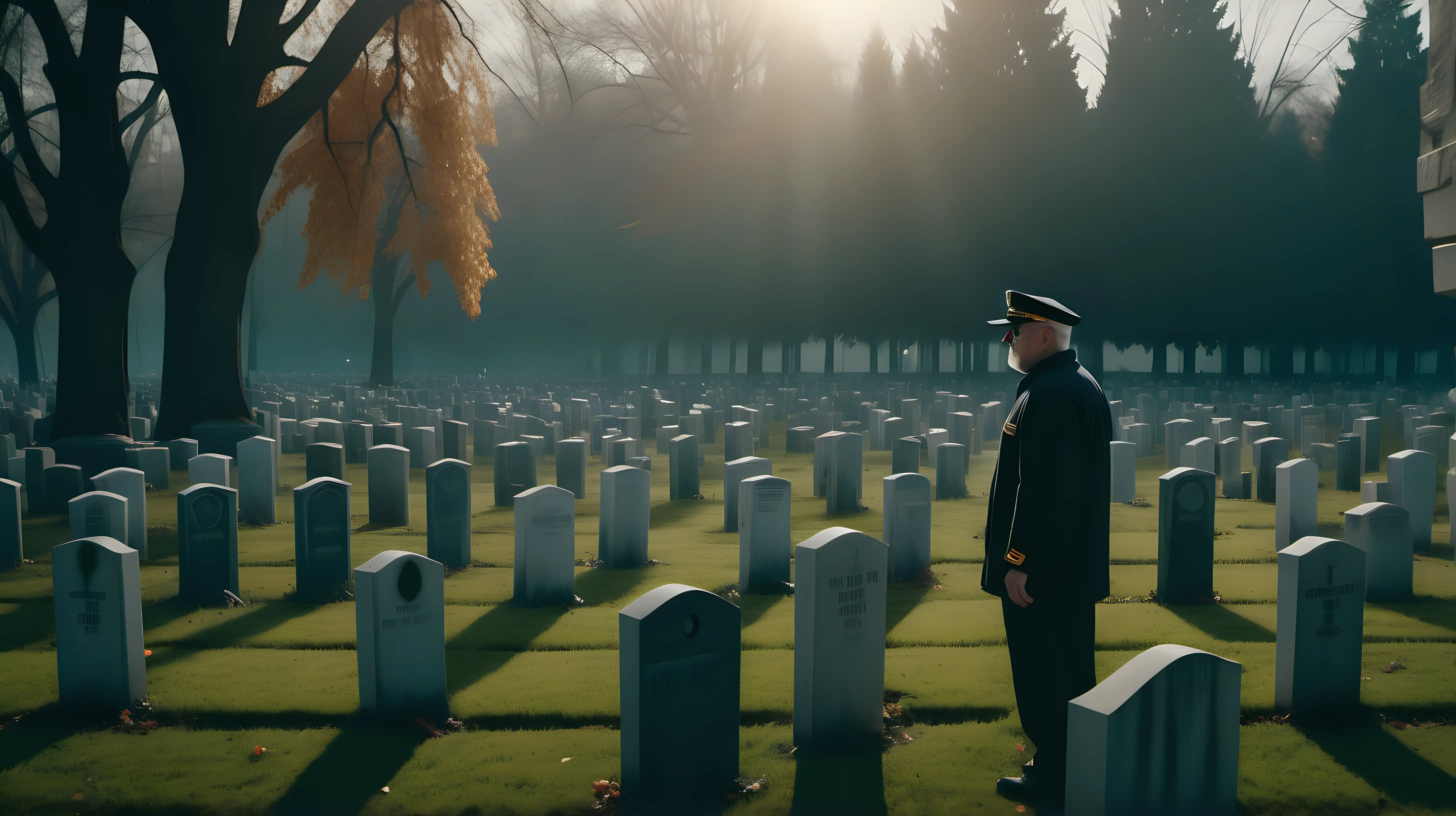 ultra realistic, film grain, cinematic color grading,  detailed faces, Drone Shot, dramatic lighting, captured by DJI Phantom 4 Pro drone camera, 40-year-old white male security guard is watching cemetery in morning