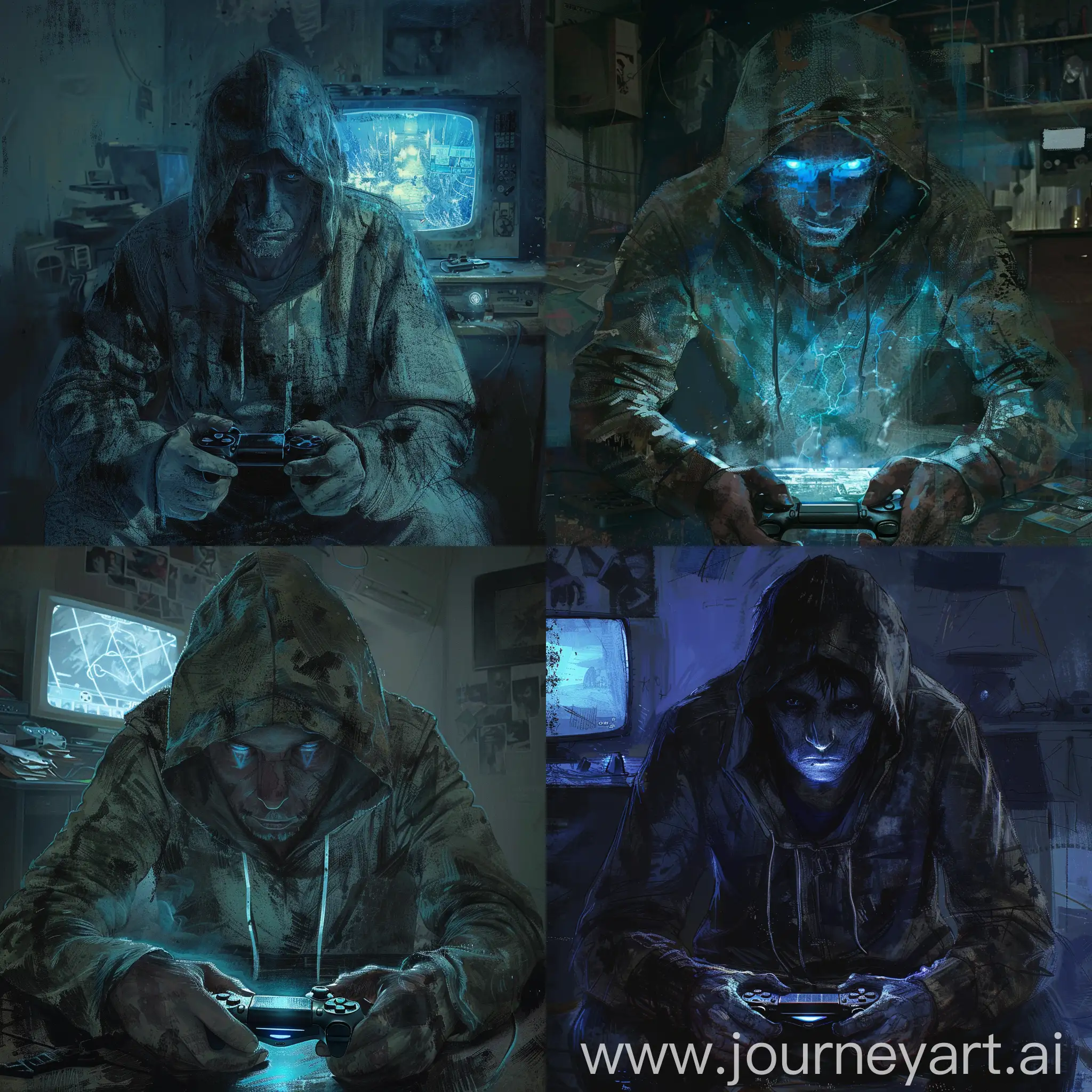 A brooding figure in a weathered hoodie engrossed in a game of Playstation in a dimly lit room. The man's features are shrouded in shadows, his eyes glowing with the reflection of the screen. The image, perhaps a digital painting, captures every minute detail of the scene - the worn controller in his hands, the glow of the television casting a blue light on his face, and the cluttered room around him. This striking image immerses viewers in the intimate moment, highlighting the intensity of the gamer's focus and the isolation of the setting.