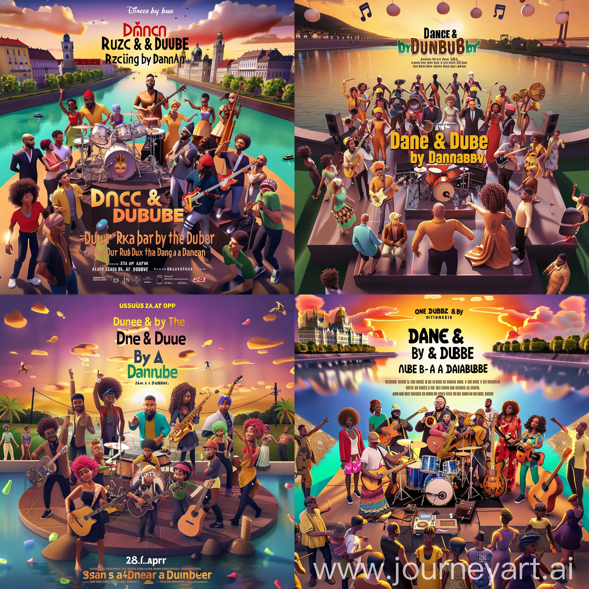 
A vibrant, 3D-rendered poster for the animated movie "Dance & Dub by the Danube" features a diverse, multi-cultural band on a stage by the river Usus am Wasser. The band consists of an Afro-Reggae-Dancehall group with a drummer, bassist, guitarist, saxophonist, percussionist, and kora player at the center. Surrounding them are singers sporting African, East Asian, and European styles, as well as a DJ and a mixer. The atmosphere is lively, with people dancing and interacting in a joyful, close-knit celebration. The movie's release date, "28. April," is prominently displayed in the center., 3d render

The musicians are surrounded by family and friends. One Love. Celebration. Gathering. The Title of the Event: 'Dance & Dub by the Danube' On TOP. Reggae, Rub A Dub, Dancehall. Sunset Colorfull, Dawn. Carrebean, Jamaica, Rastafari. 3d Render, cinematic, 3d render, fashion