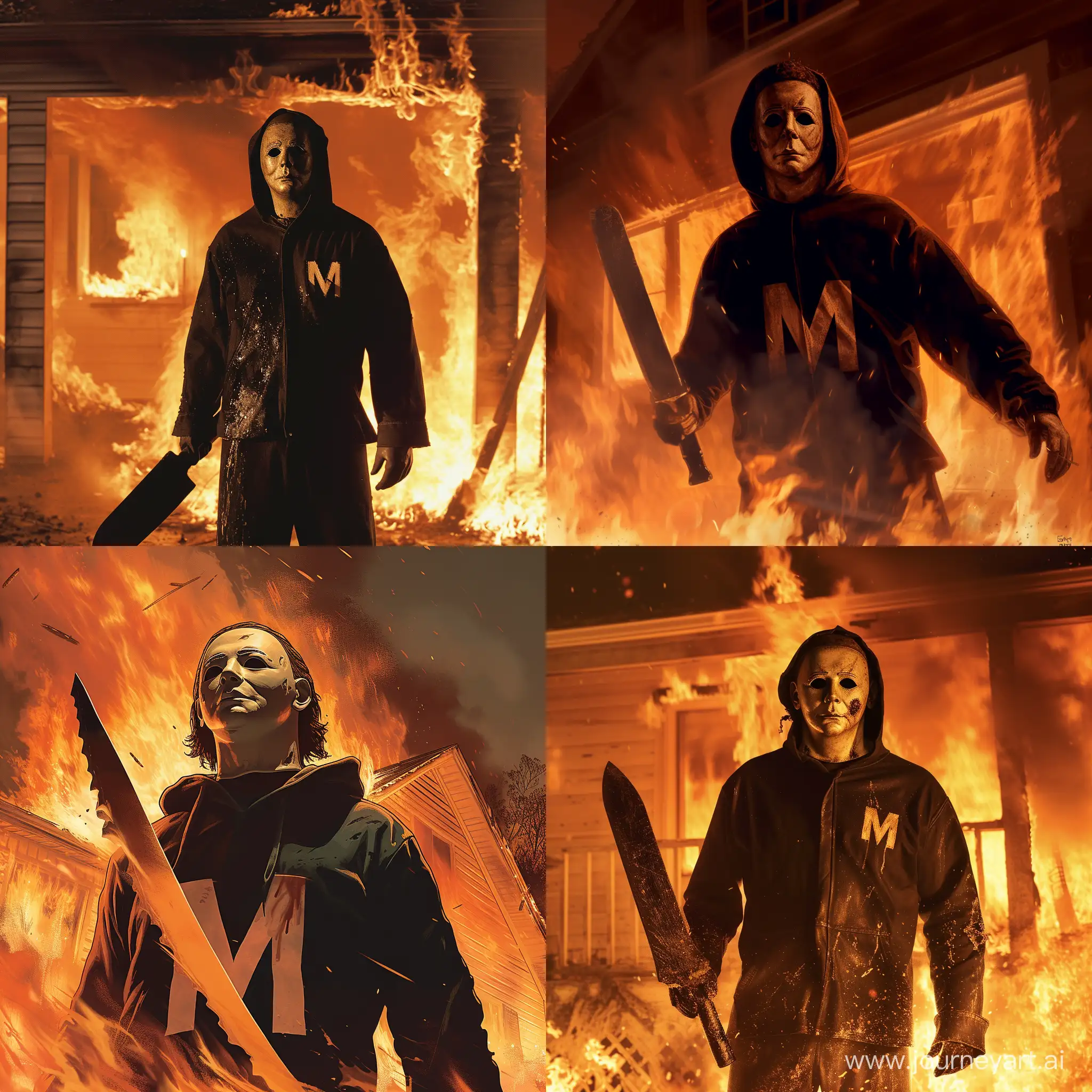 Michael Myers with a knife in a hoodie that says M in a burning house with a knife