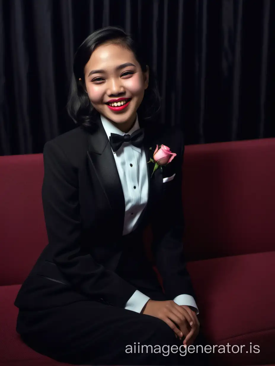 In a darkened room.  A smiling and laughing Indonesian woman with shoulder length hair and red lipstick is sitting on a couch. She is wearing a tuxedo.  Her bow tie is pink.  Her corsage is a red rose.