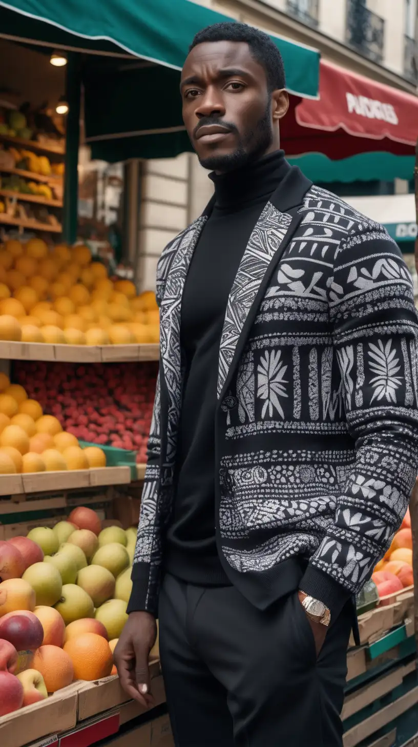   sexy, black, man, wearing black, pants, wearing Black mock neck sweater, wearing  white, African Print fabric, Sport coat, standing outside of  fruit stand in Paris, ultra 4k, high definition, view is close up, light source from the front, facing subject