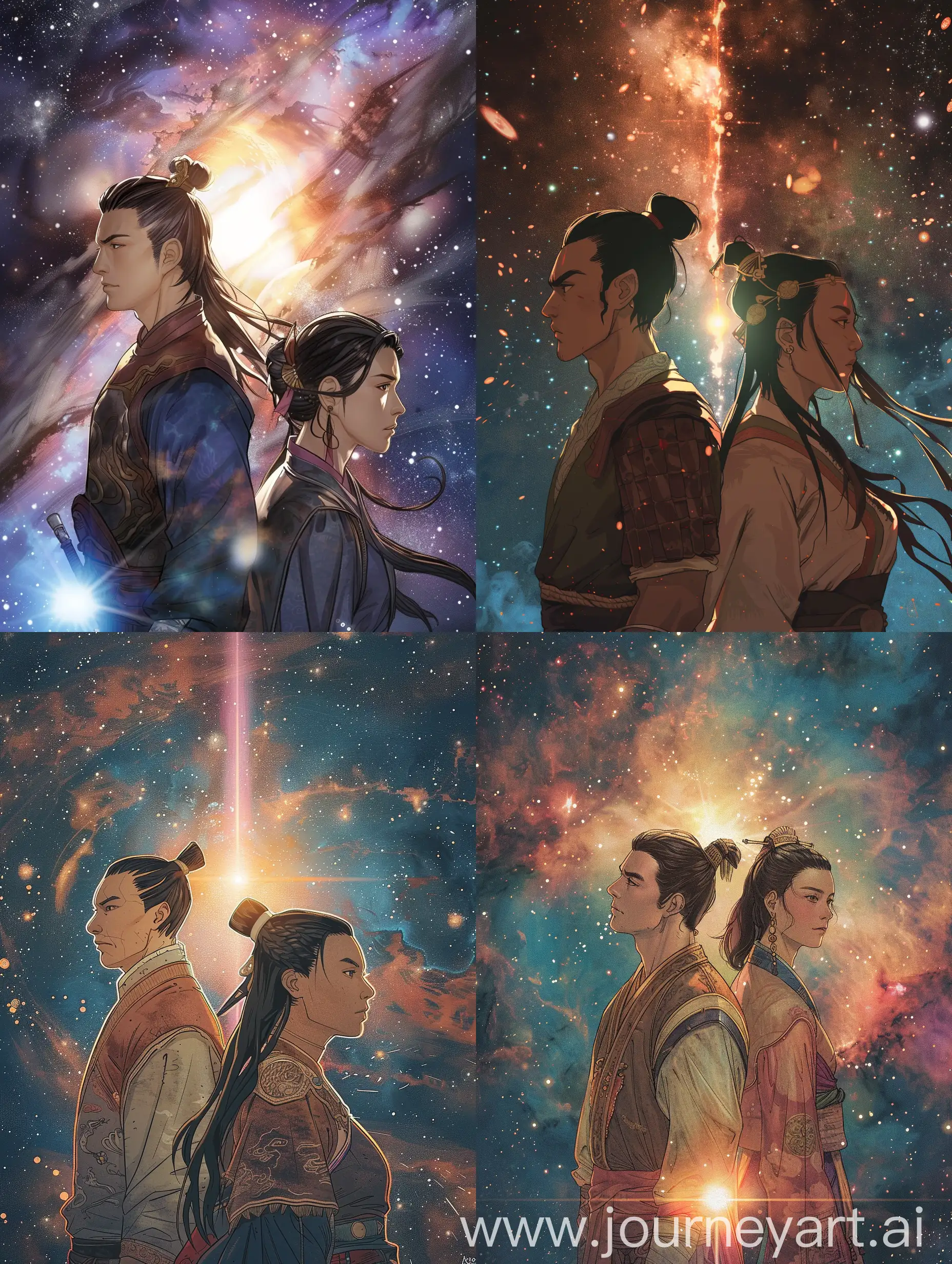 Chinese-Ancient-Warrior-Couple-in-Comic-Style-with-Interstellar-Background
