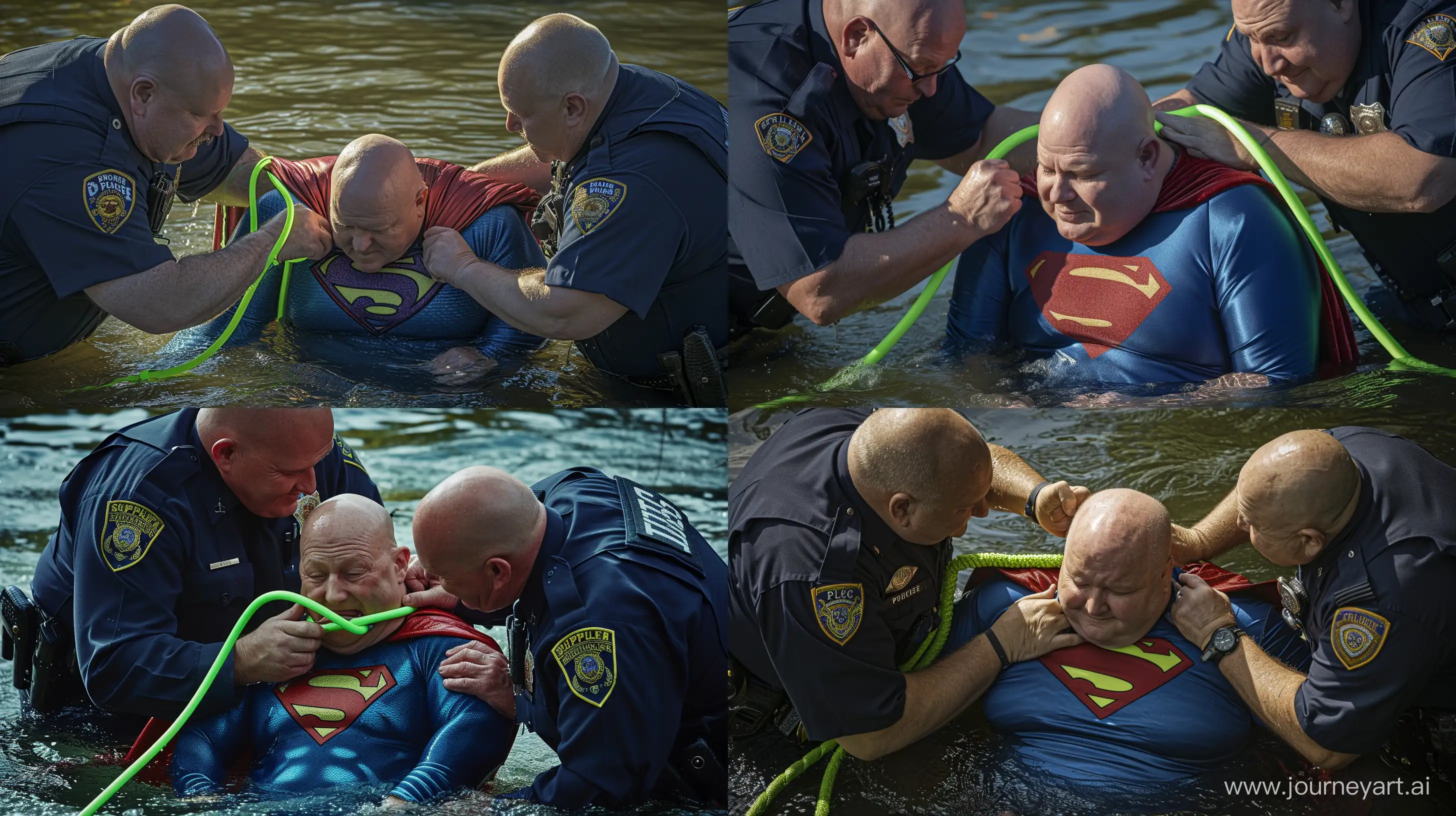 Ccloseup photo of two chubby man aged 60 wearing navy police uniform bending and tightening a green neon rope on the nape of another chubby man aged 60 sitting in water and wearing a tight blue silky superman costume with a large red cape. River. Bald. Clean Shaven. --style raw --ar 16:9 --v 6