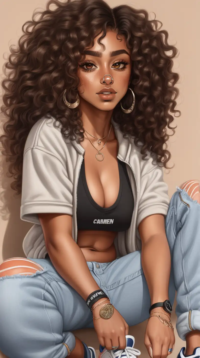 Carmen. brown skin black woman. Shoulder length curly hair, long voluptuous eyelashes, brown eyes. Has small boobs. Wears a double nose ring, sneakers, and comfy sexy streetwear