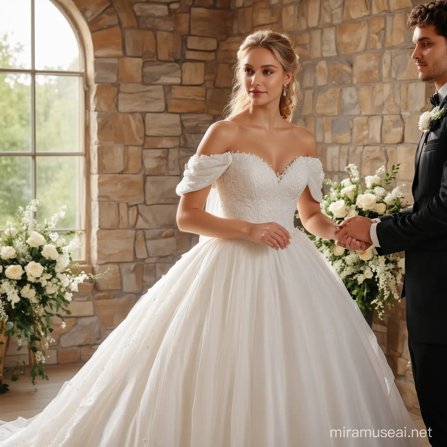 Beautiful blonde girl in a beautiful white puffy off-the-shoulder wedding dress stands at the altar with a guy with dark curly hair in a tuxedo, nature, wedding, close-up