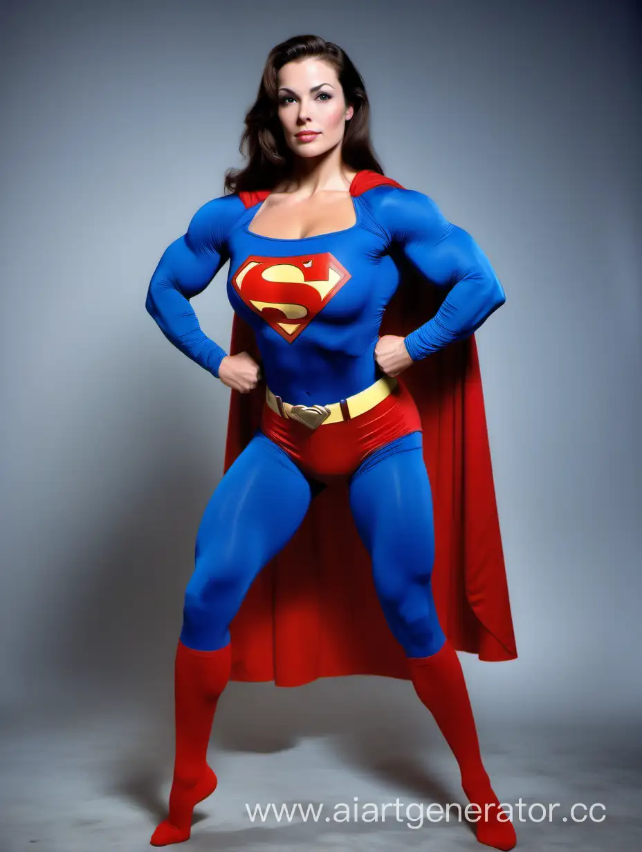 A gorgeous woman with brown hair. Age 28. She has enormous super muscles throughout her body. She is flexing her enormous arm muscles. She is wearing the classic Superman costume from "Superman The Movie", with blue spandex leggings, long blue sleeves, red briefs, and a cape. The symbol on her chest has no black lines