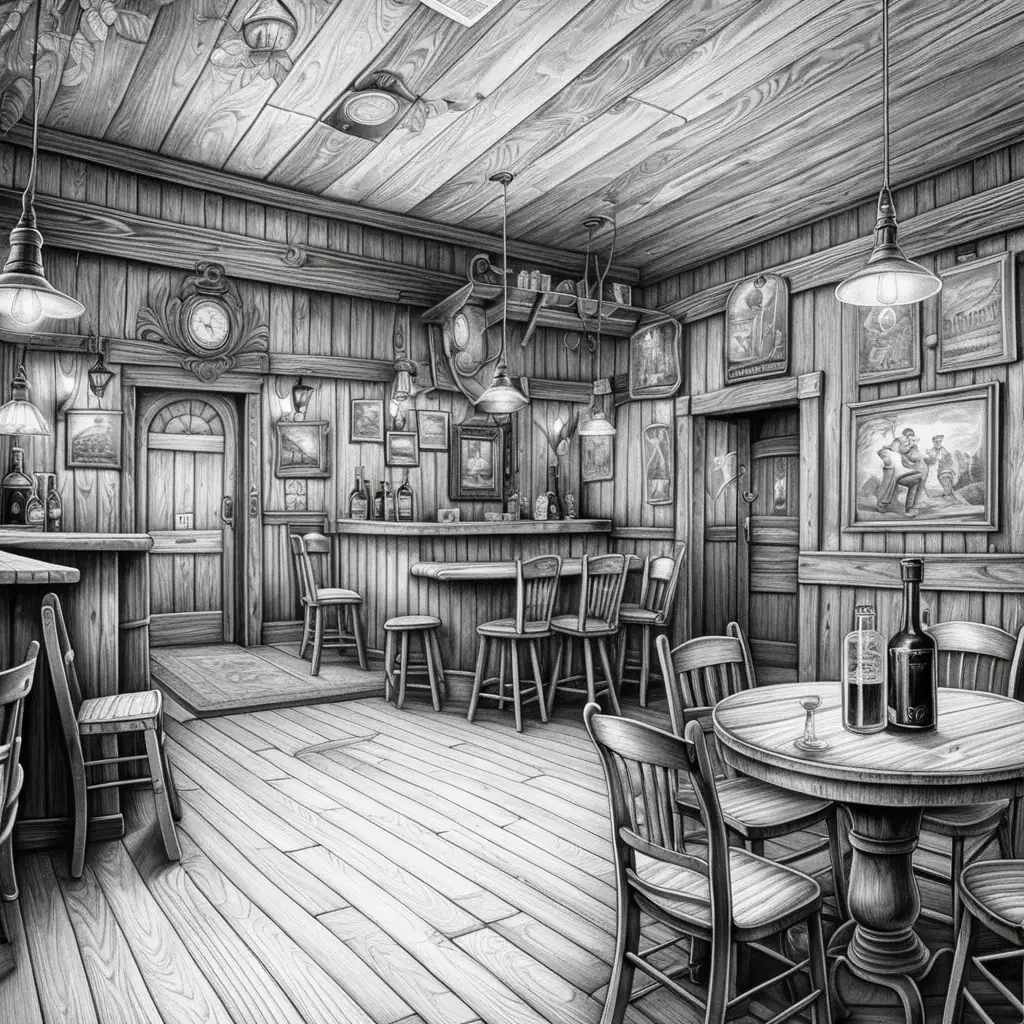 black and white detailed coloring book, cabaret dancer in 19 century tavern, drunk workers, wooden walls, petrol lamp on ceiling hang, wooden tables and chairs