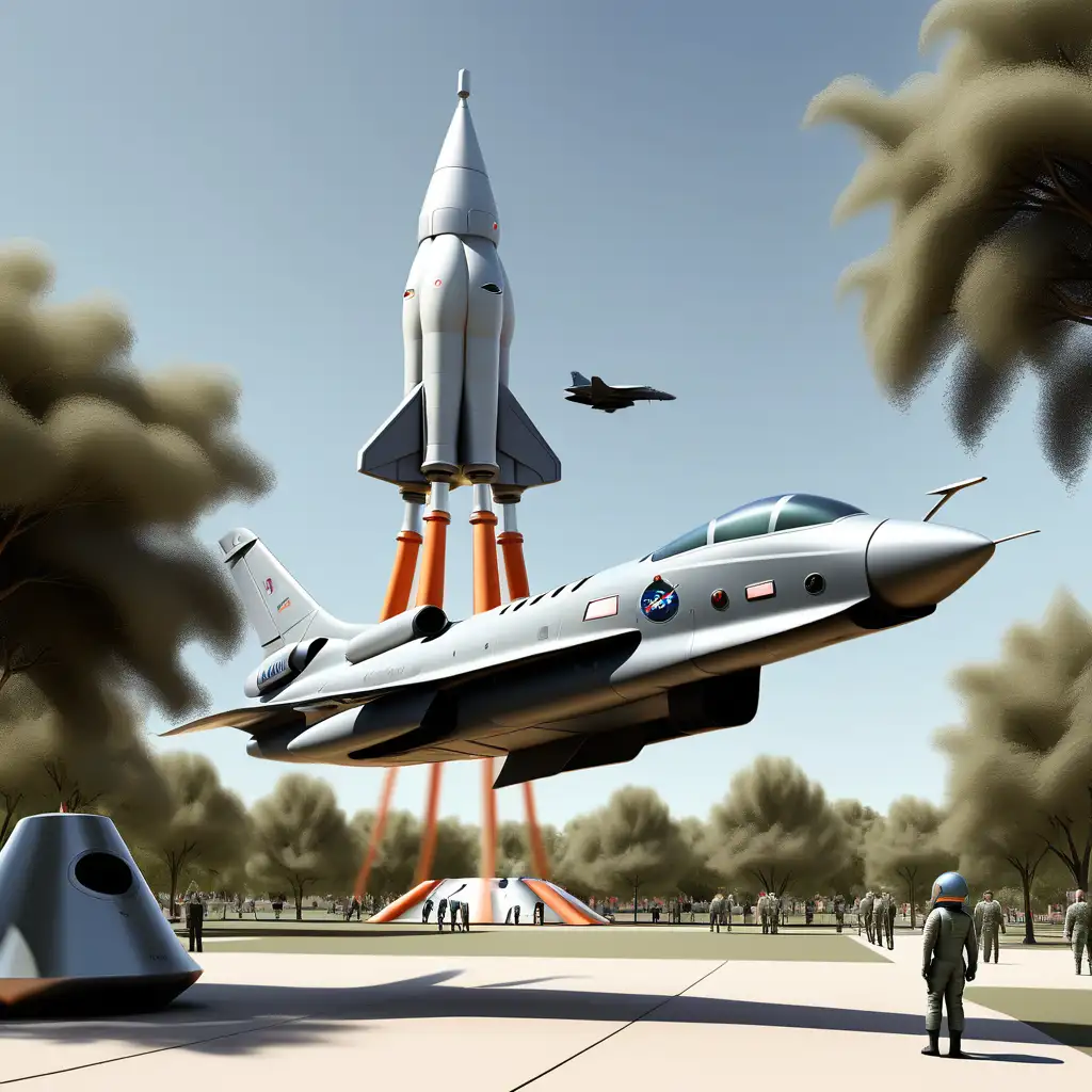 Image. Galon is flying over a park with an air force jet and a space capsule sitting on concrete displays. Put jet on the ground. No keywords 


