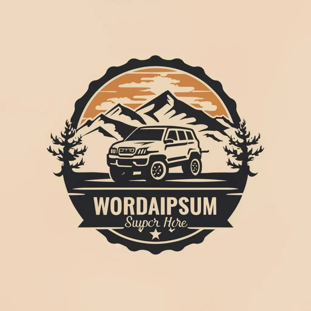 a logo design,with the text "/", main symbol:Vector illustration in circle of the offroad SUV in the mountains and near the sea. Many details, without brand name, black and white colors.,Moderate,clear background