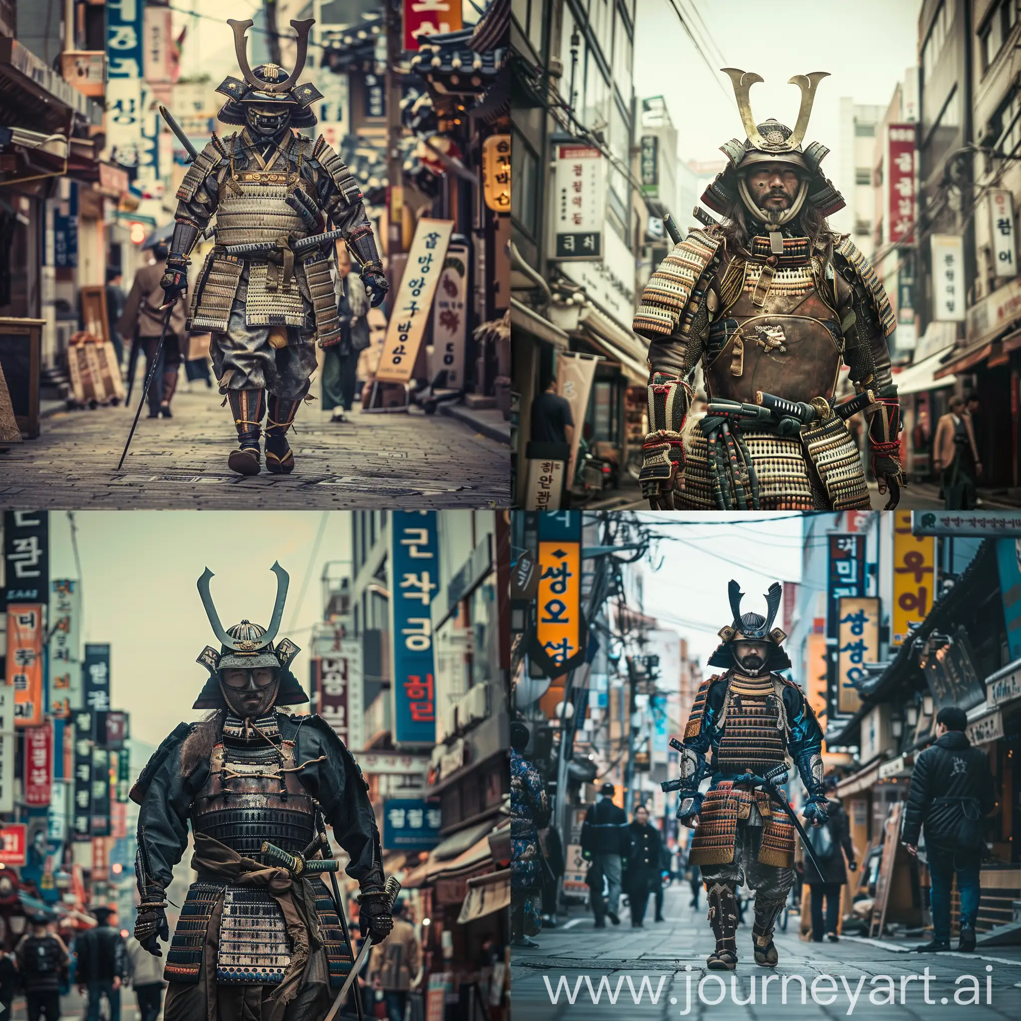Create an image of a mighty ancient Samurai  warrior , motivated and masterful, walking in the streets of modern  day  Seoul, South korea