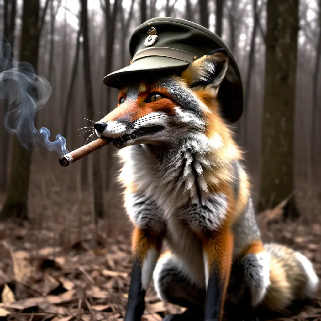 realistic, grey and black fox, cigar in mouth, military hat, trail cam footage, smoking cigar, ww2, no clothing, on all 4 legs, 