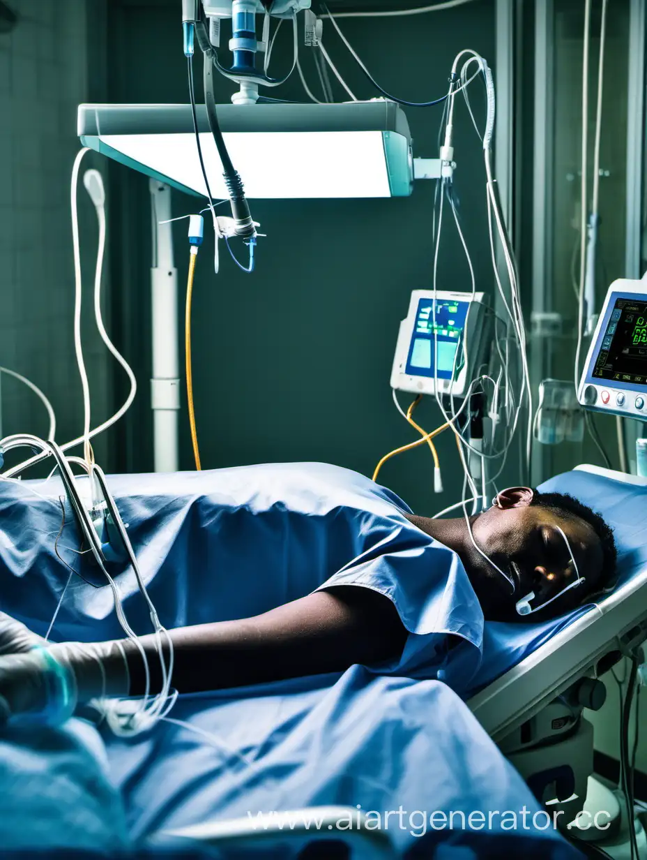 A person lies in the hospital unconscious with connected equipment.